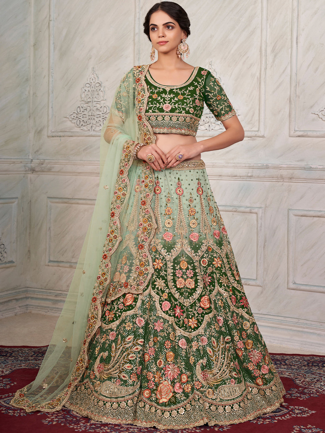 Green Soft Net Embroidered Semi Stitched Lehenga With Unstitched Blouse