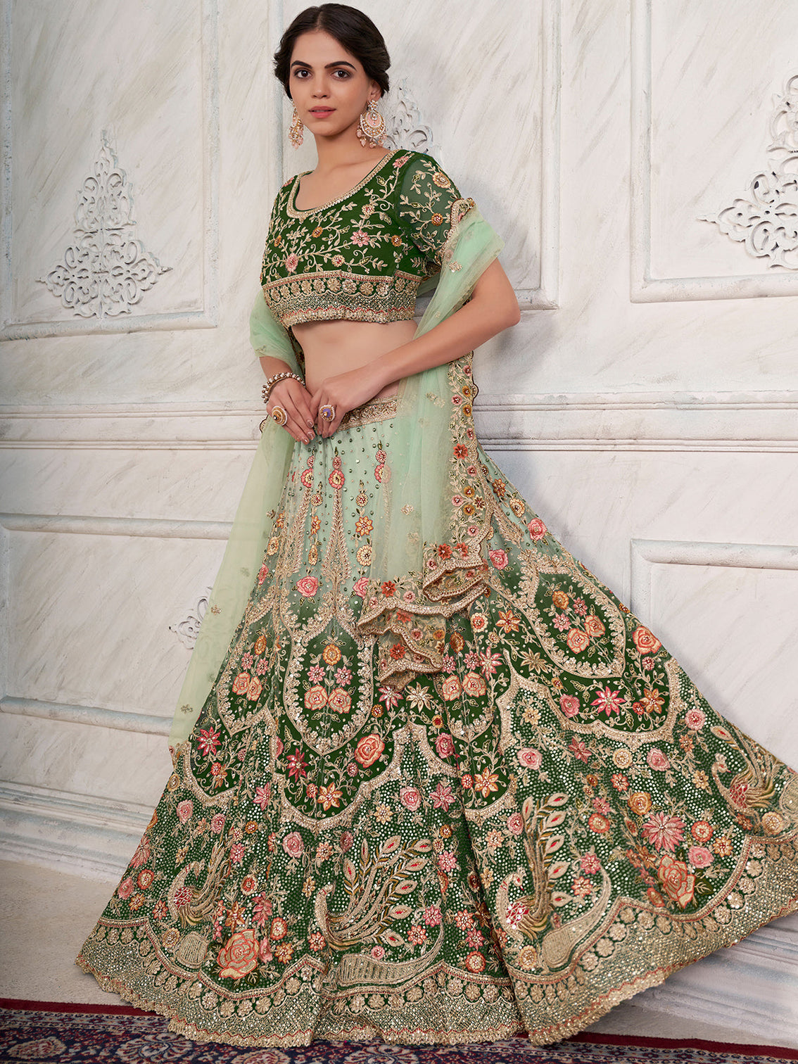 Green Soft Net Embroidered Semi Stitched Lehenga With Unstitched Blouse