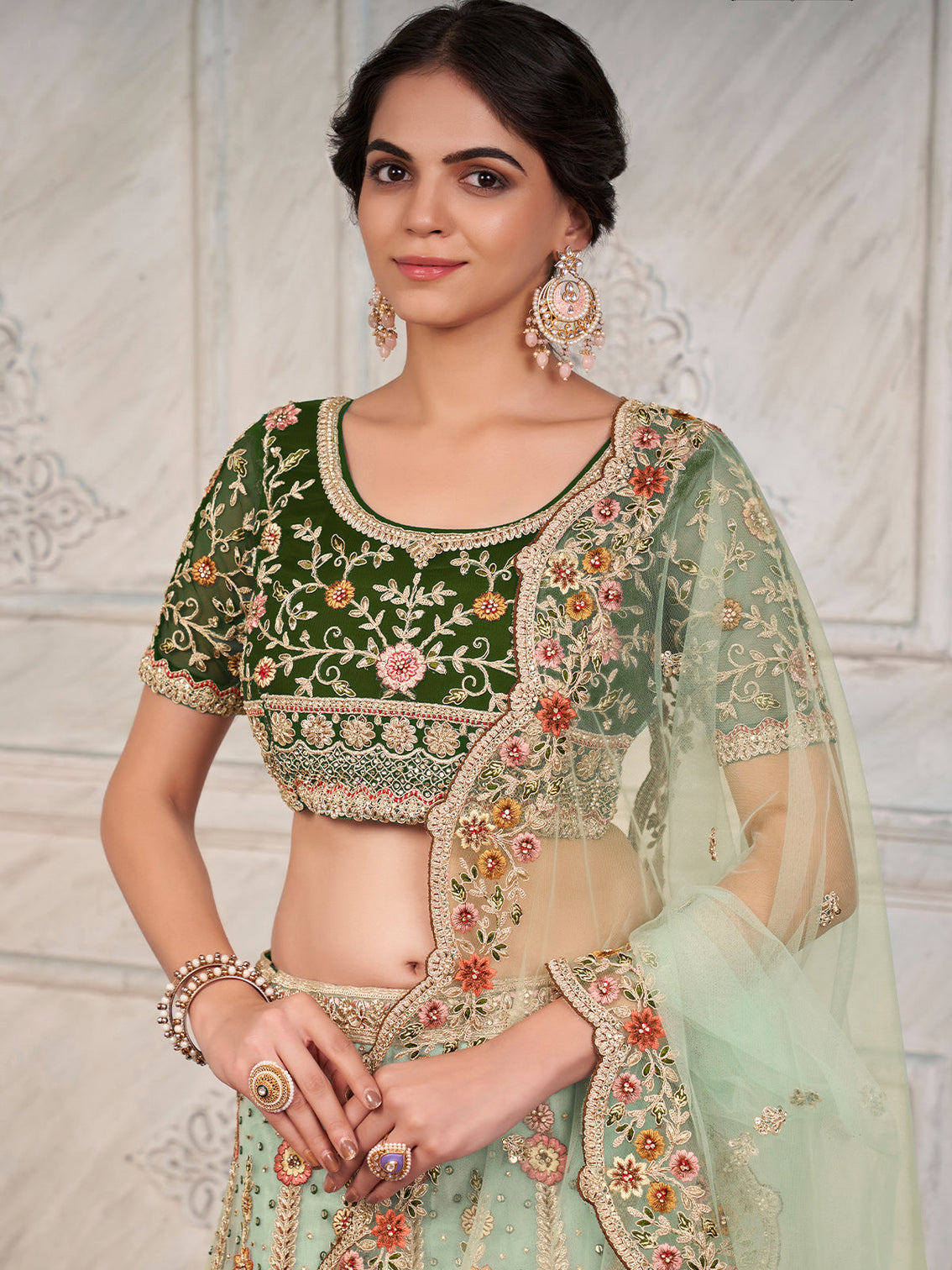 Green Soft Net Embroidered Semi Stitched Lehenga With Unstitched Blouse