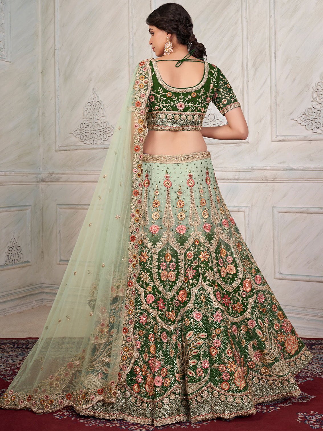 Green Soft Net Embroidered Semi Stitched Lehenga With Unstitched Blouse