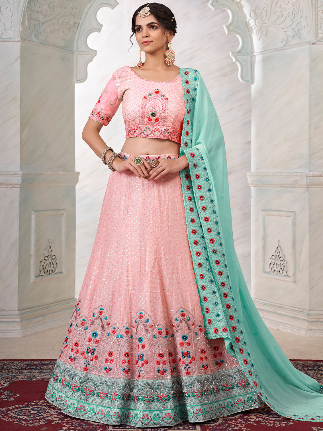 Pink Georgette Embroidered Semi Stitched Lehenga With Unstitched Blouse