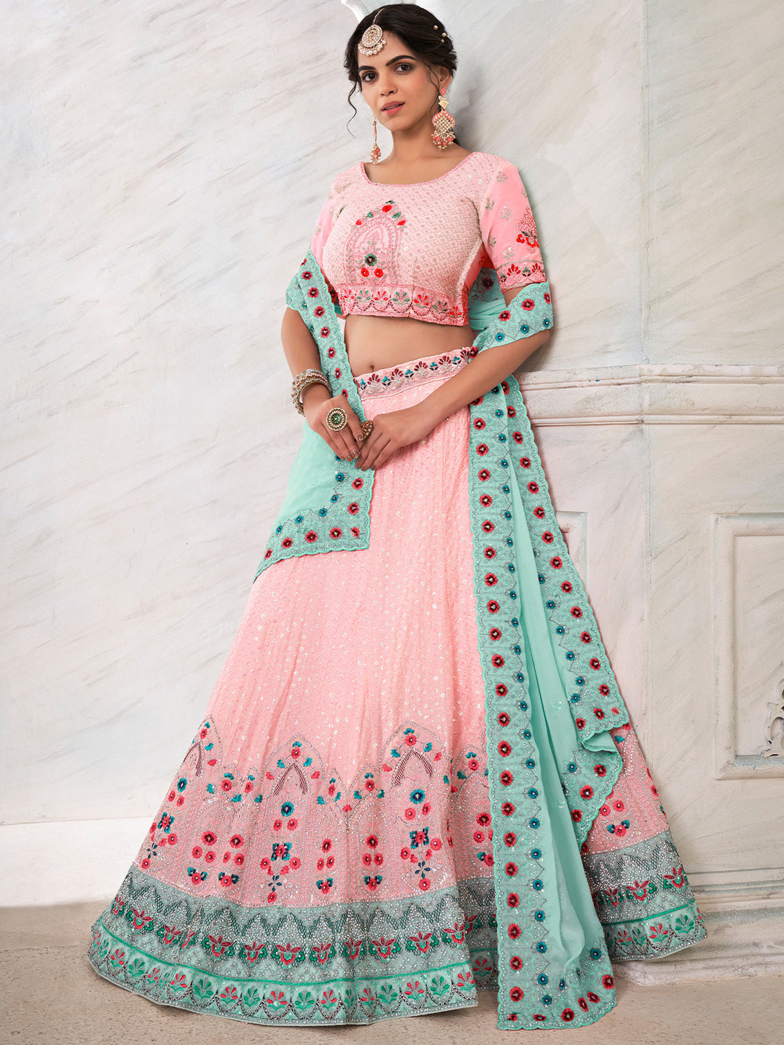 Pink Georgette Embroidered Semi Stitched Lehenga With Unstitched Blouse