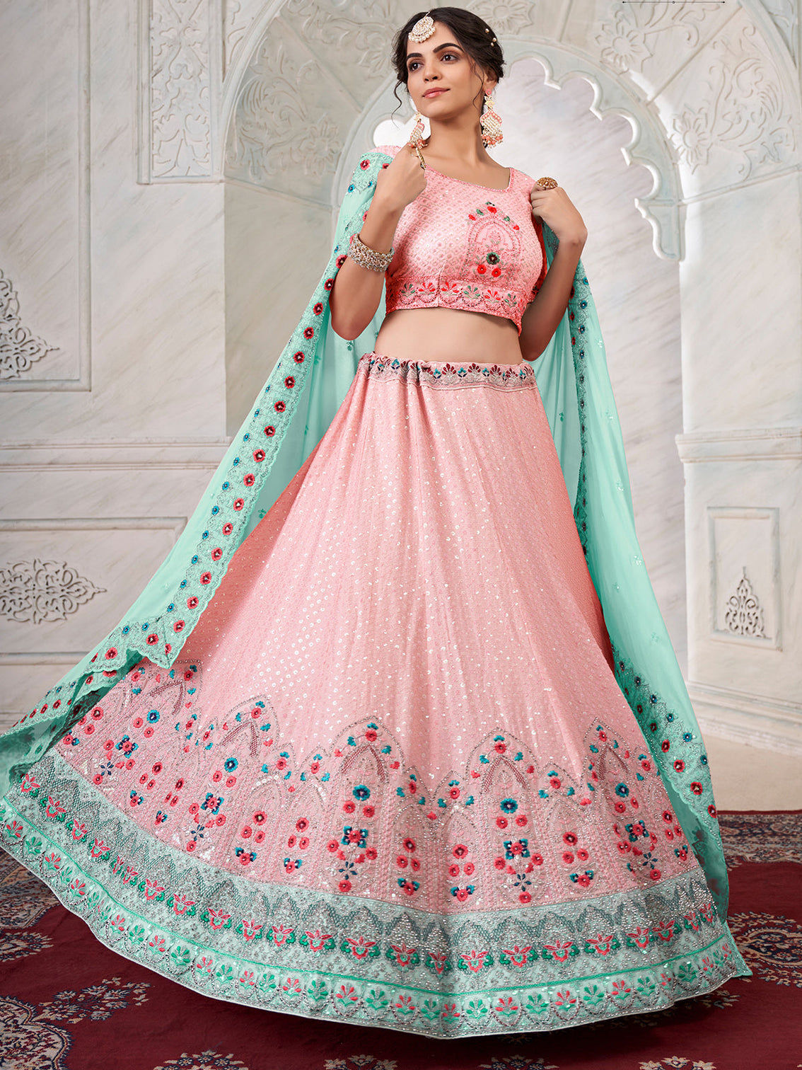 Pink Georgette Embroidered Semi Stitched Lehenga With Unstitched Blouse