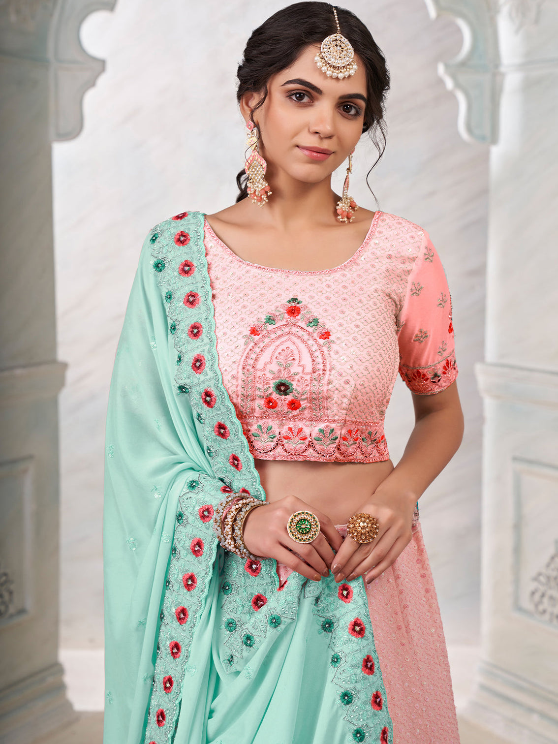 Pink Georgette Embroidered Semi Stitched Lehenga With Unstitched Blouse