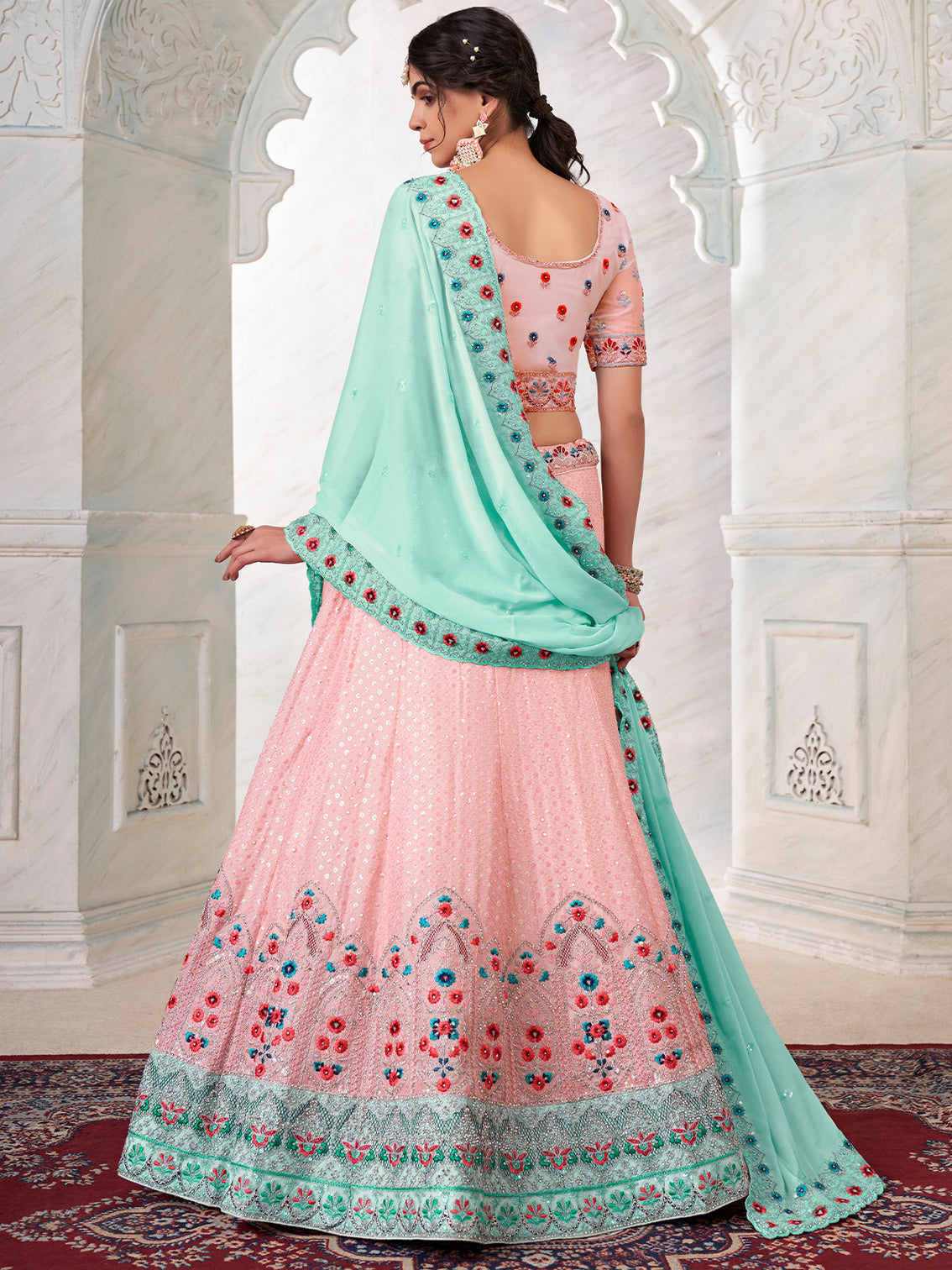 Pink Georgette Embroidered Semi Stitched Lehenga With Unstitched Blouse