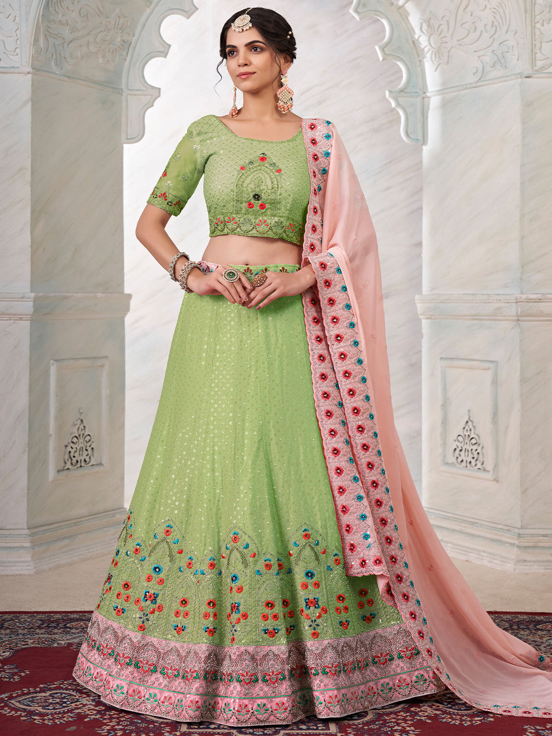 Green Georgette Embroidered Semi Stitched Lehenga With Unstitched Blouse
