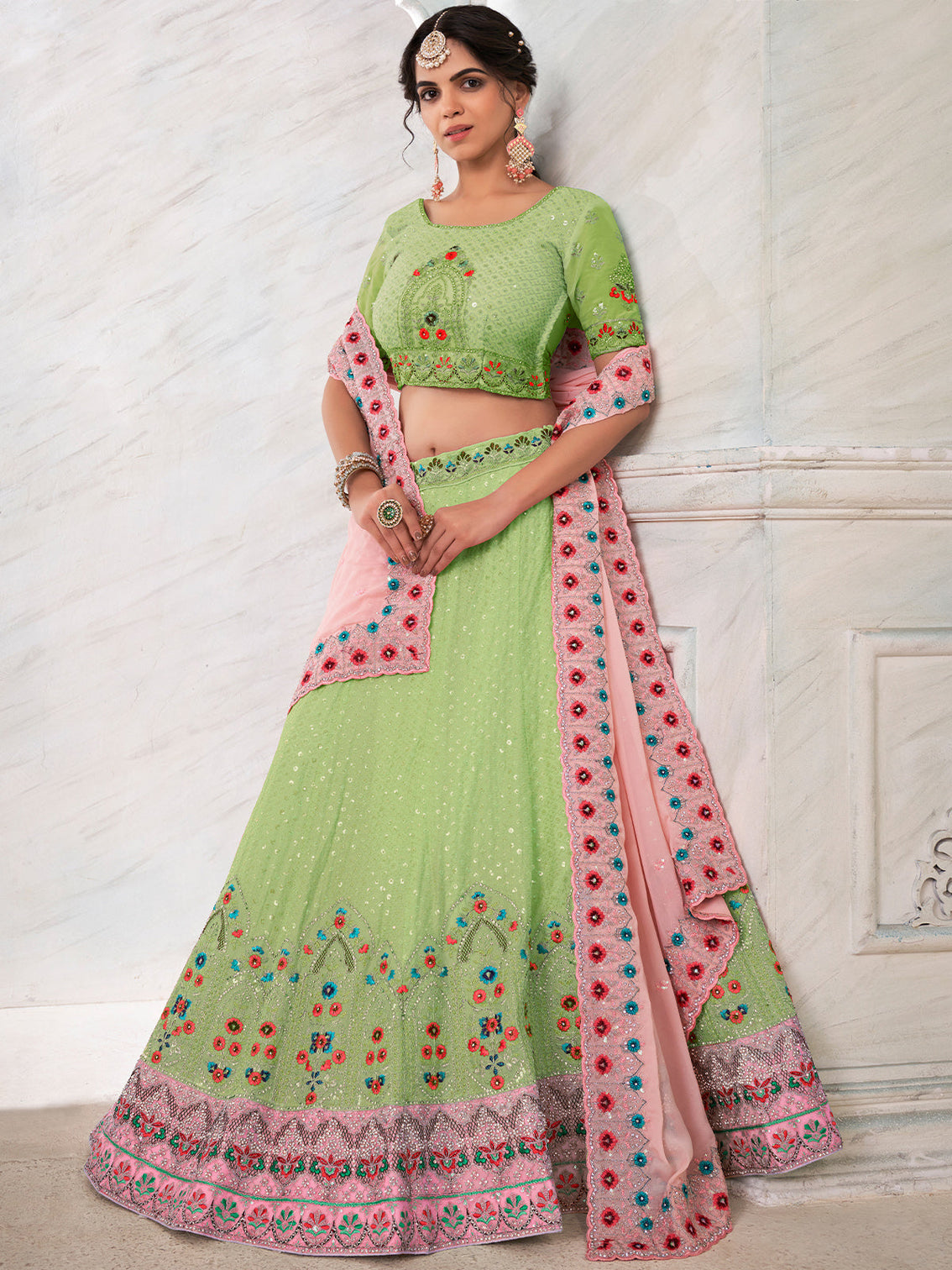 Green Georgette Embroidered Semi Stitched Lehenga With Unstitched Blouse