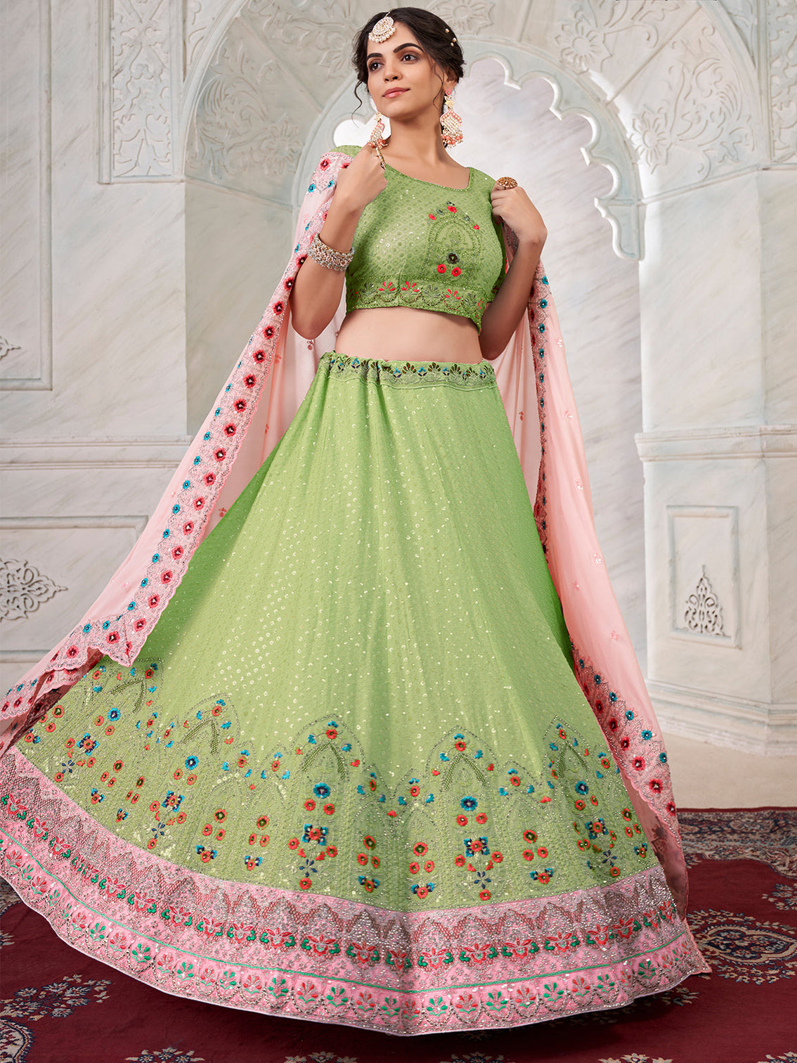 Green Georgette Embroidered Semi Stitched Lehenga With Unstitched Blouse