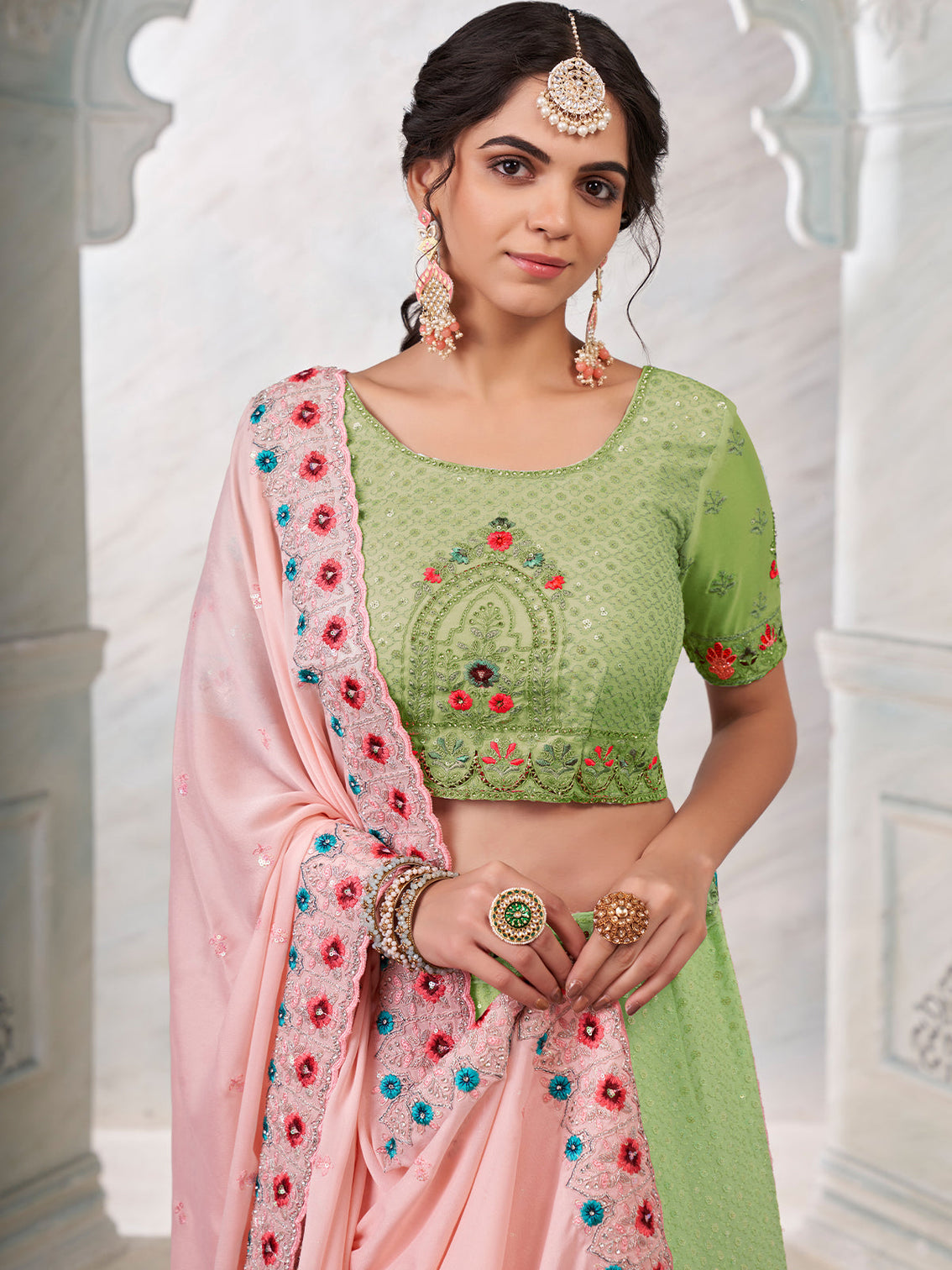 Green Georgette Embroidered Semi Stitched Lehenga With Unstitched Blouse