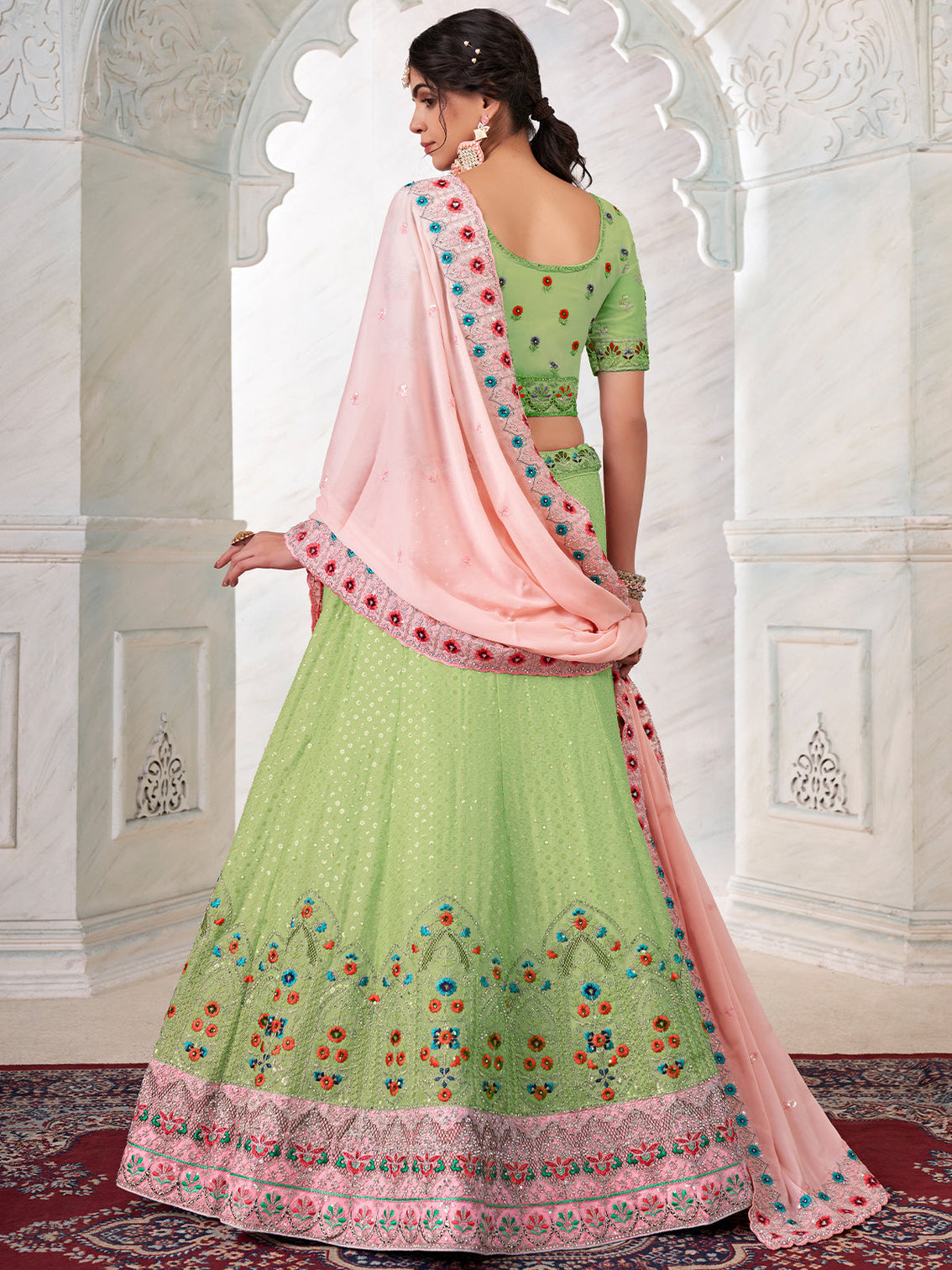 Green Georgette Embroidered Semi Stitched Lehenga With Unstitched Blouse
