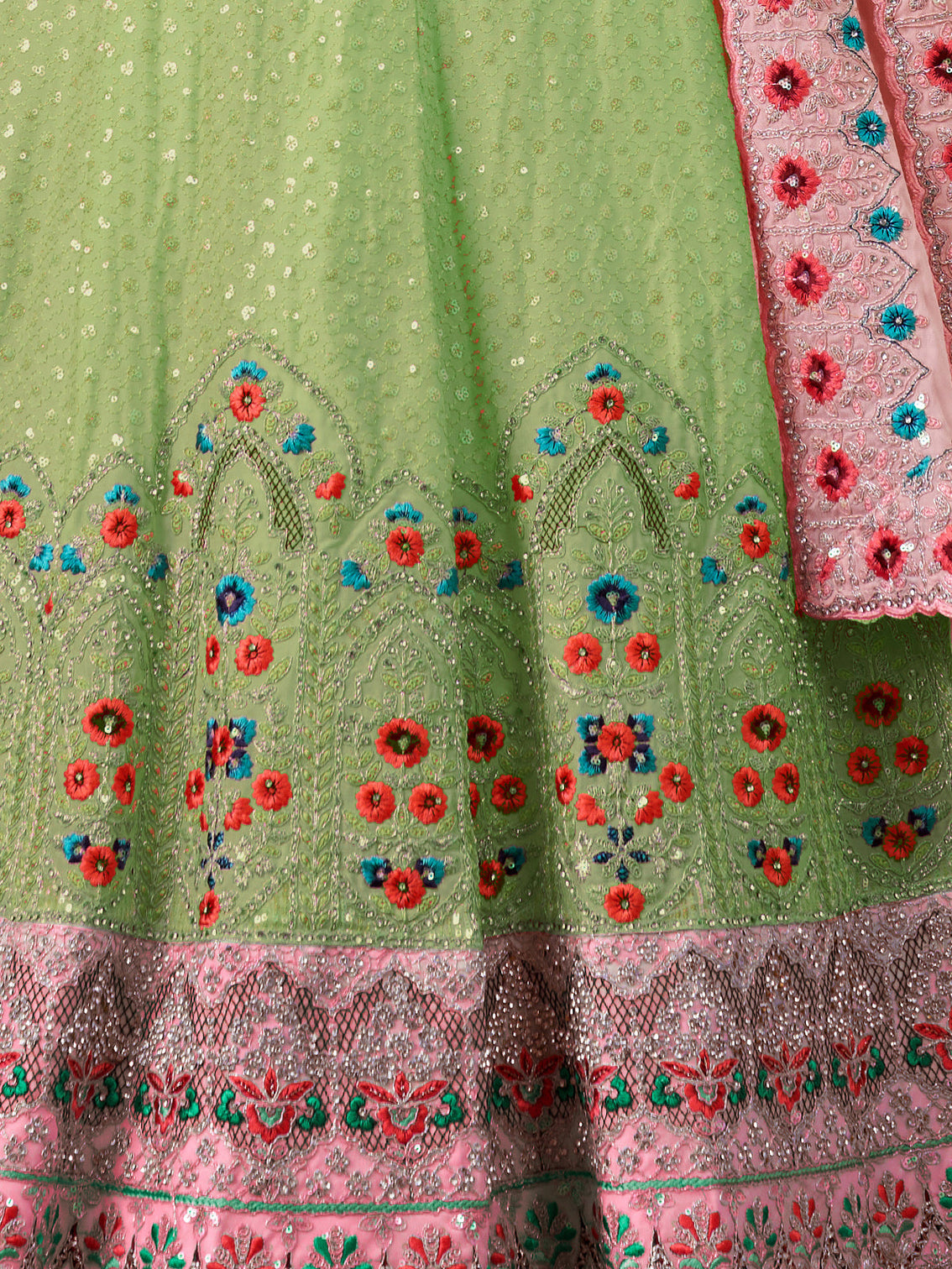 Green Georgette Embroidered Semi Stitched Lehenga With Unstitched Blouse