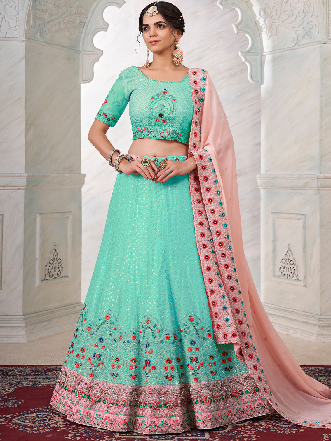 Turquoise Georgette Embroidered Semi Stitched Lehenga With Unstitched Blouse