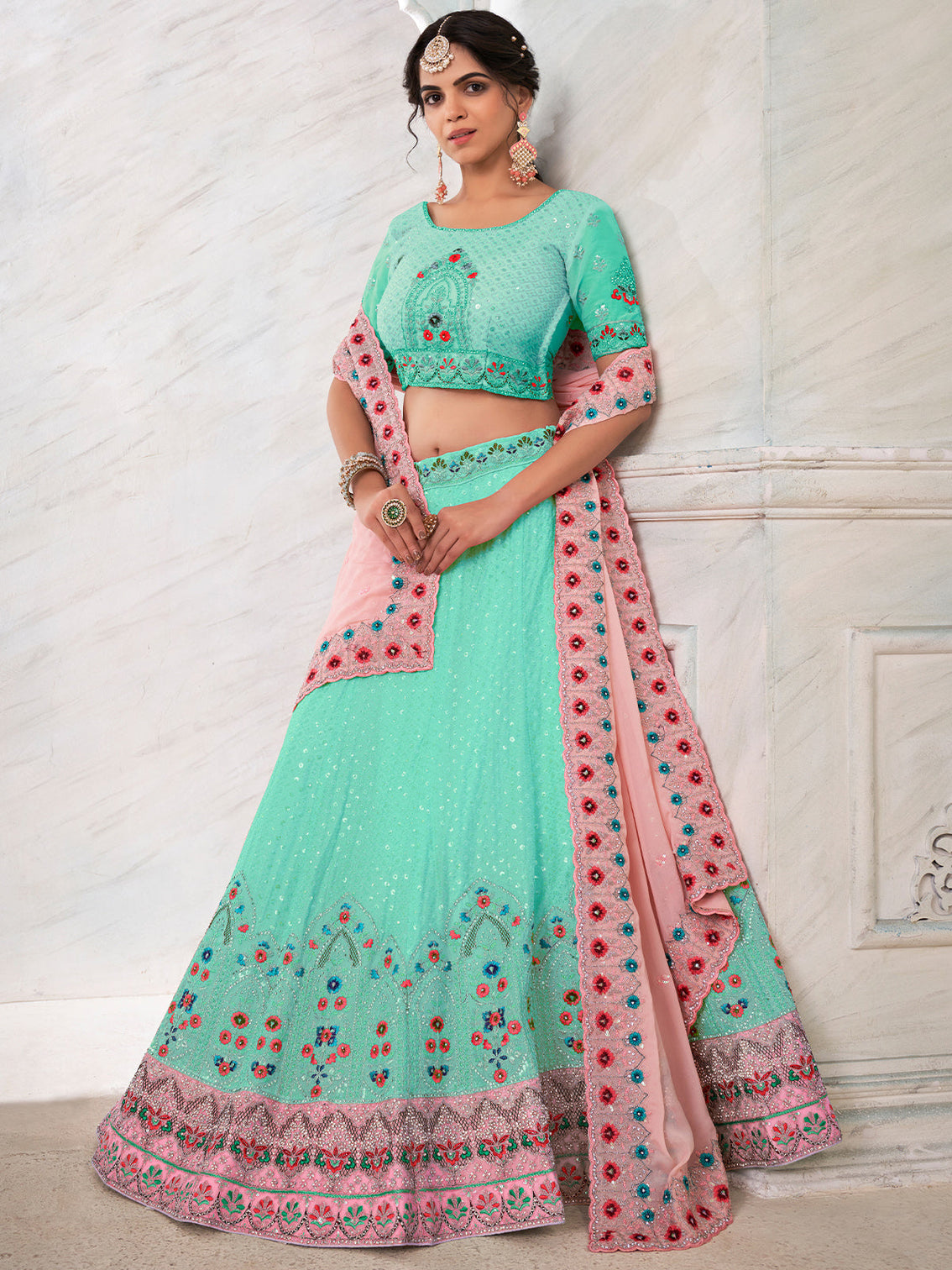 Turquoise Georgette Embroidered Semi Stitched Lehenga With Unstitched Blouse