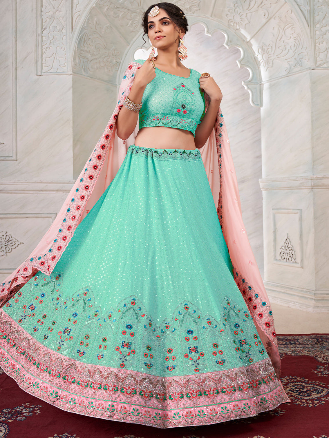 Turquoise Georgette Embroidered Semi Stitched Lehenga With Unstitched Blouse