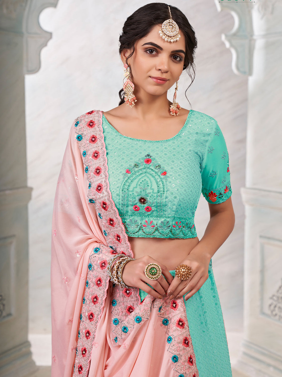 Turquoise Georgette Embroidered Semi Stitched Lehenga With Unstitched Blouse