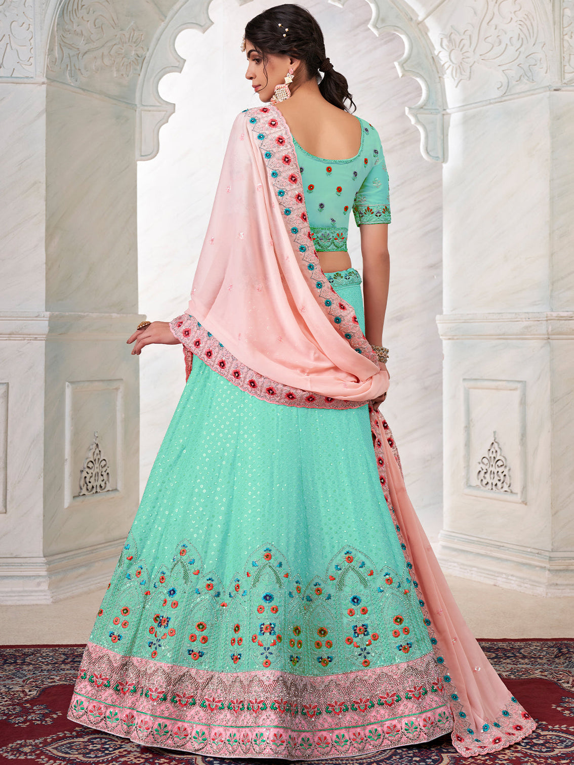 Turquoise Georgette Embroidered Semi Stitched Lehenga With Unstitched Blouse