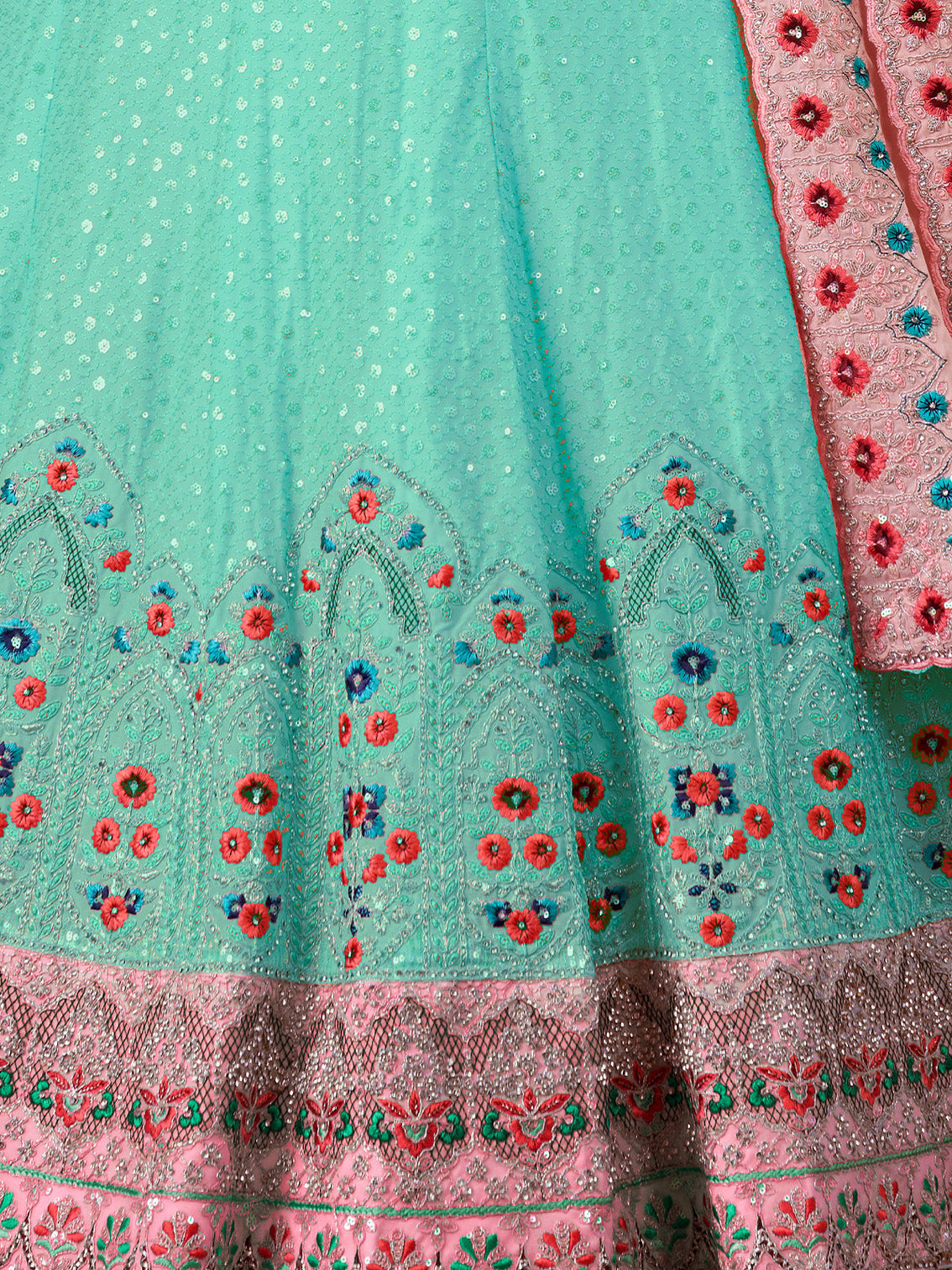 Turquoise Georgette Embroidered Semi Stitched Lehenga With Unstitched Blouse
