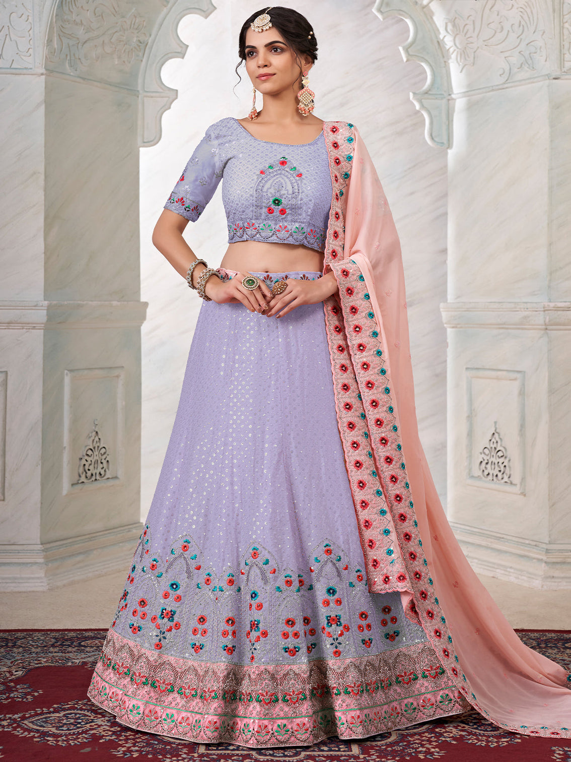 Purple Georgette Embroidered Semi Stitched Lehenga With Unstitched Blouse