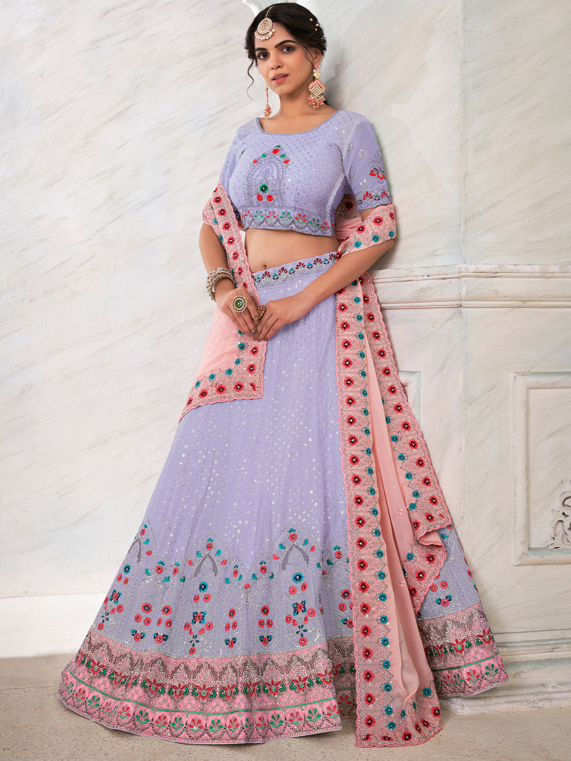 Purple Georgette Embroidered Semi Stitched Lehenga With Unstitched Blouse