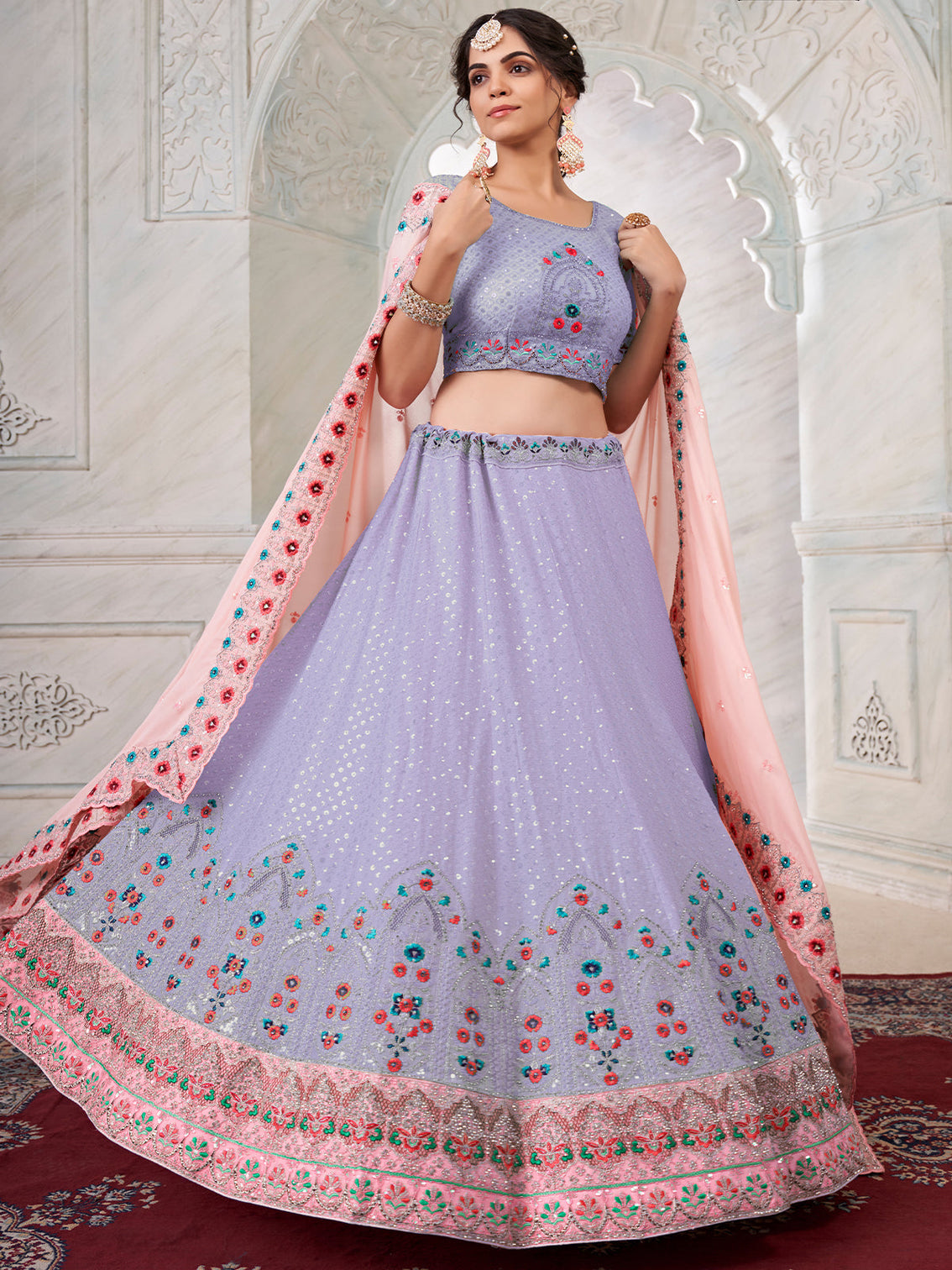 Purple Georgette Embroidered Semi Stitched Lehenga With Unstitched Blouse