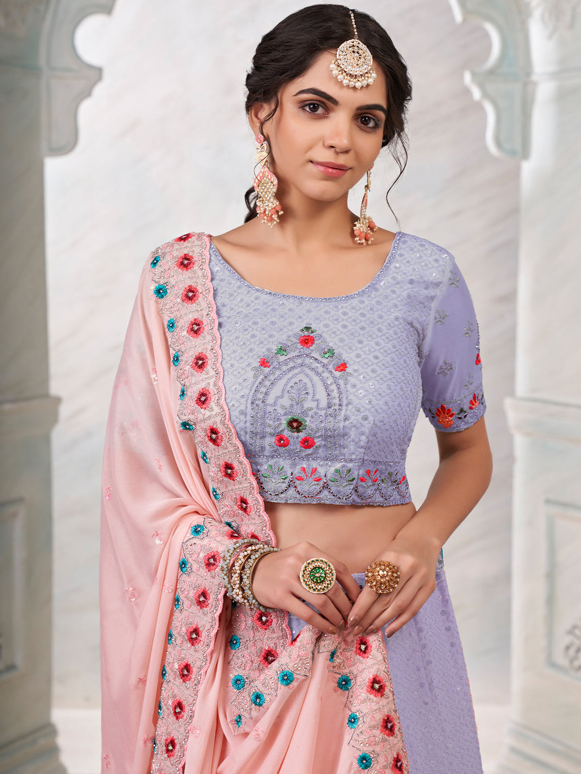 Purple Georgette Embroidered Semi Stitched Lehenga With Unstitched Blouse