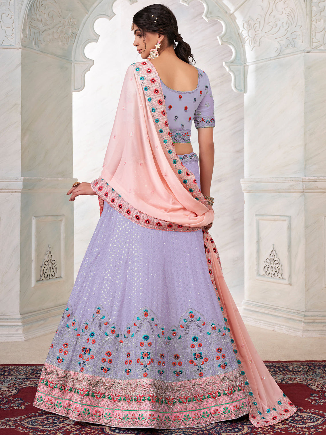 Purple Georgette Embroidered Semi Stitched Lehenga With Unstitched Blouse