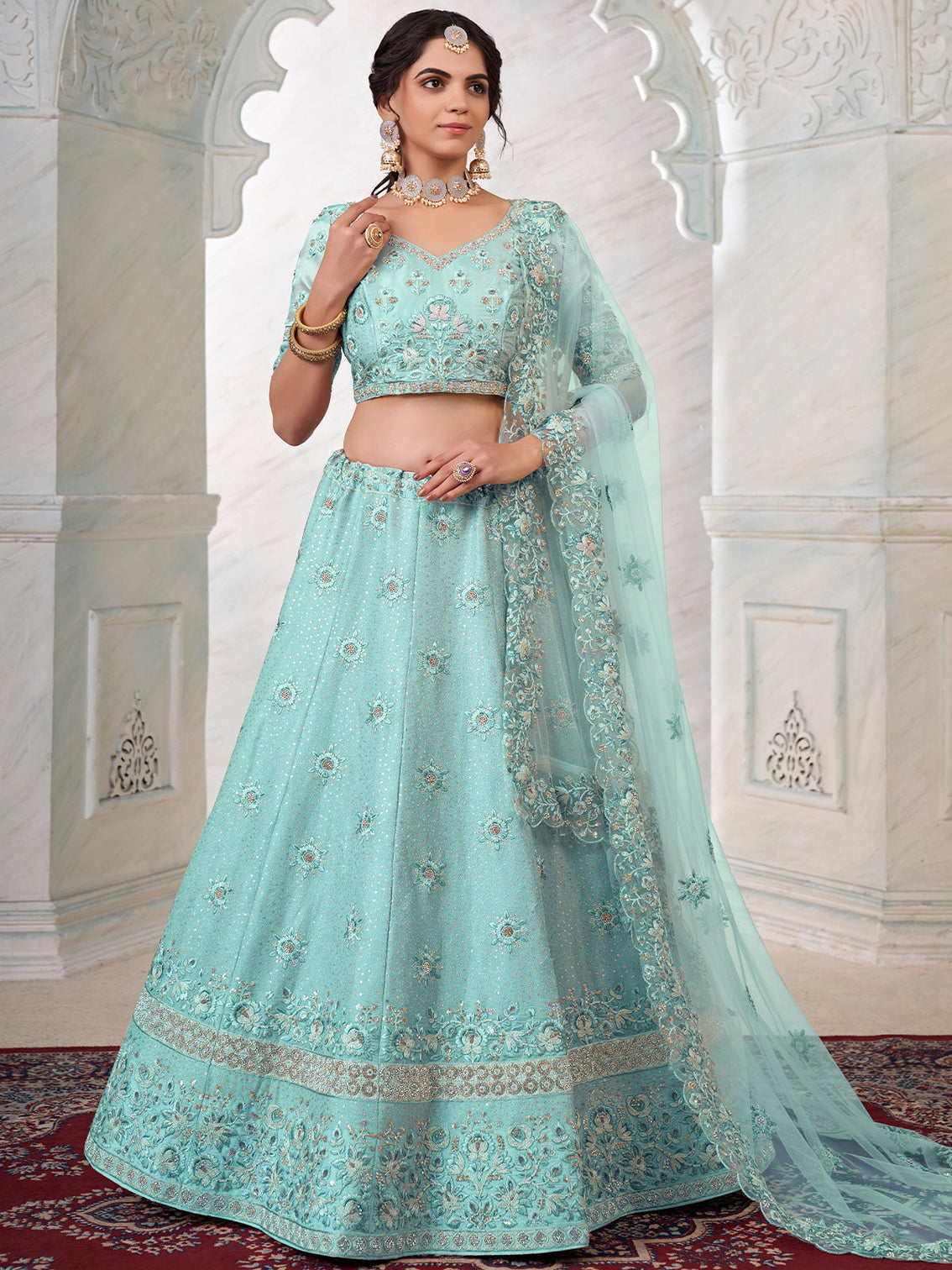 Turquoise Georgette Embroidered Semi Stitched Lehenga With Unstitched Blouse