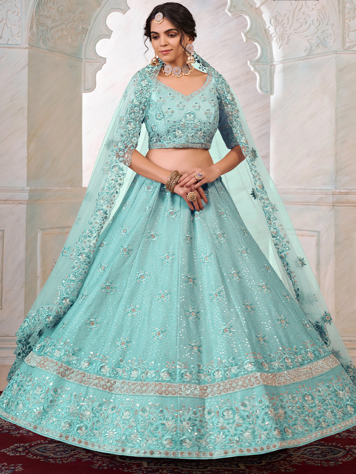 Turquoise Georgette Embroidered Semi Stitched Lehenga With Unstitched Blouse