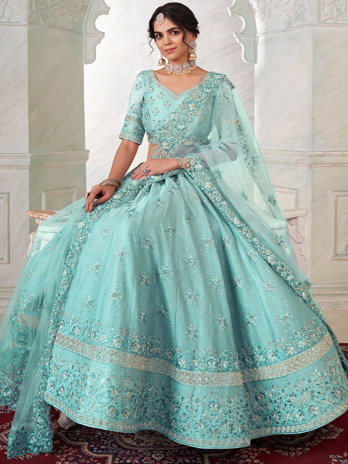 Turquoise Georgette Embroidered Semi Stitched Lehenga With Unstitched Blouse