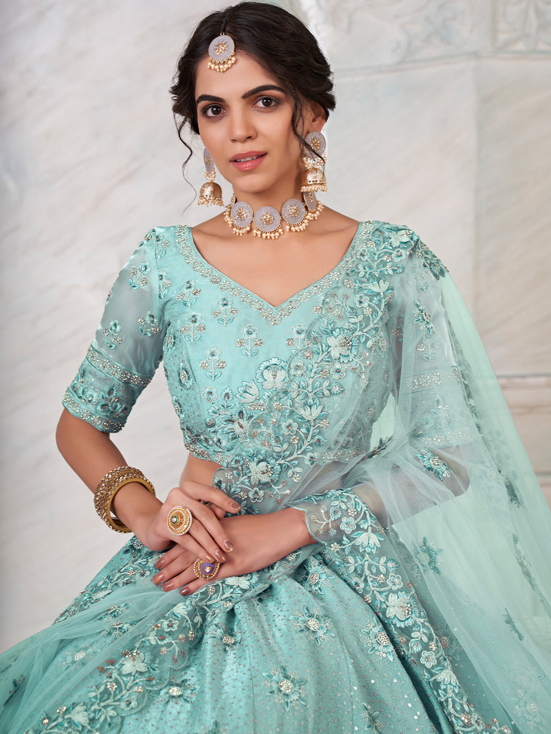 Turquoise Georgette Embroidered Semi Stitched Lehenga With Unstitched Blouse