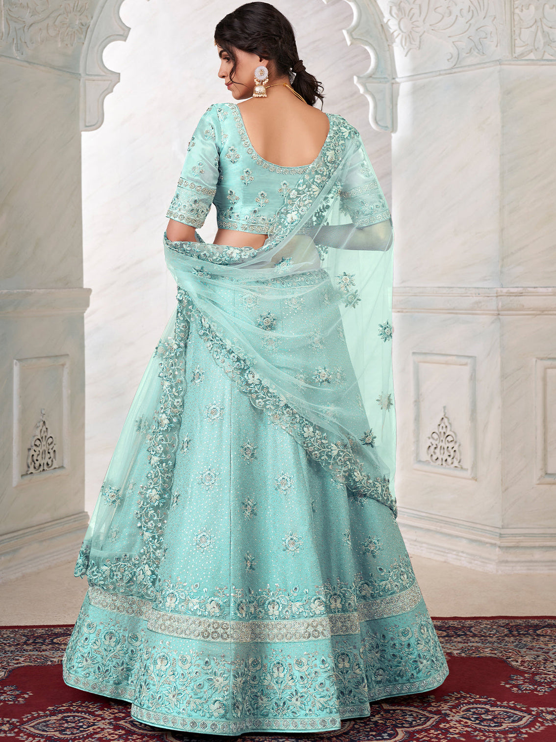 Turquoise Georgette Embroidered Semi Stitched Lehenga With Unstitched Blouse