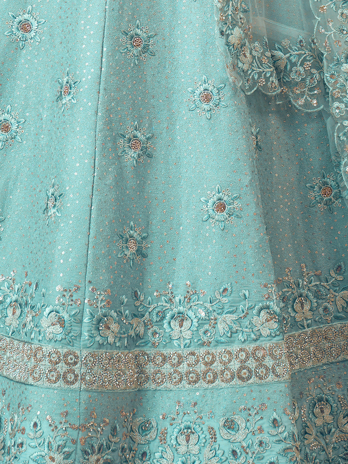 Turquoise Georgette Embroidered Semi Stitched Lehenga With Unstitched Blouse