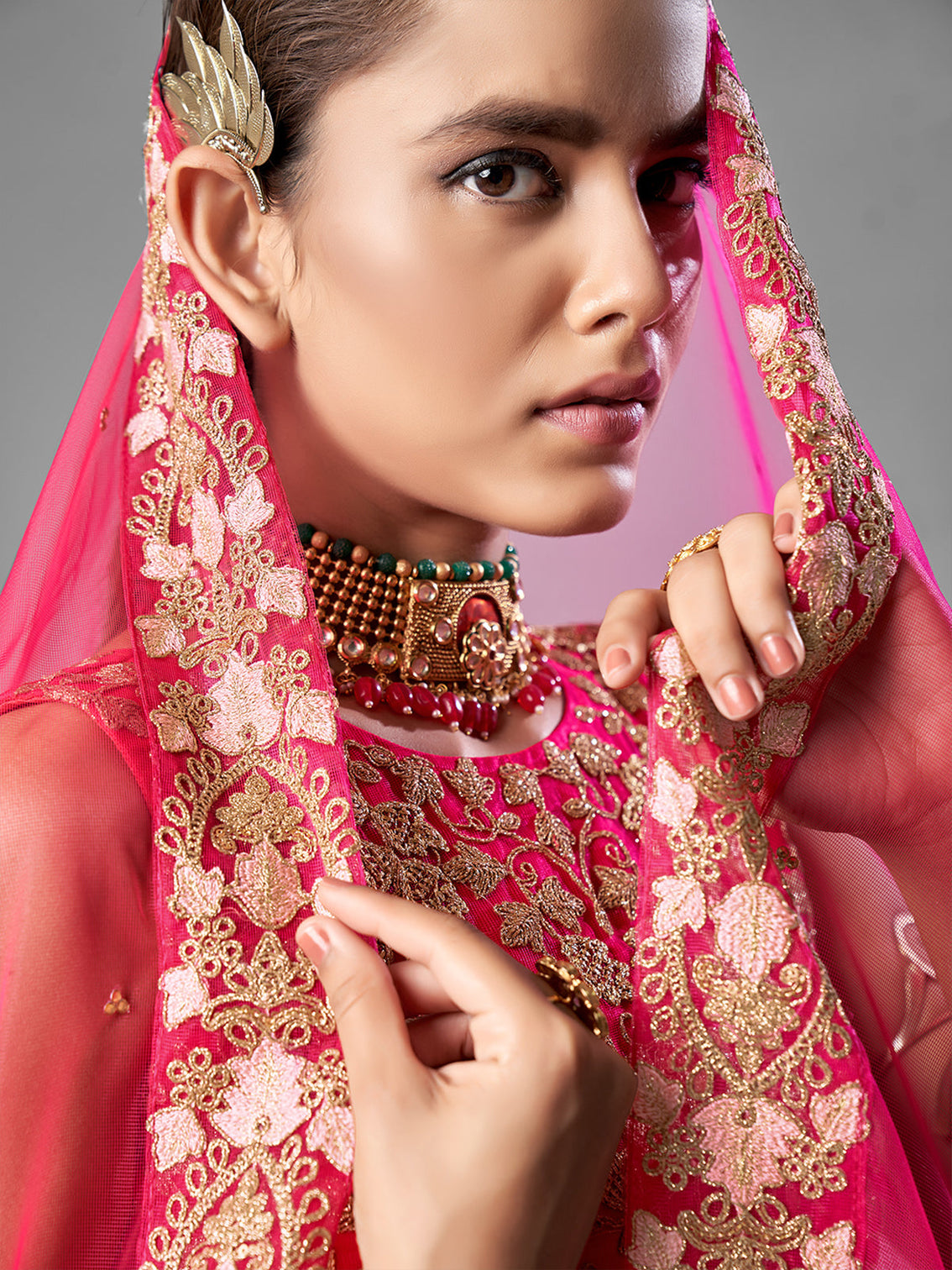 Red Thread Embroidered Soft Net Semi Stitched Lehenga With Unstitched Blouse