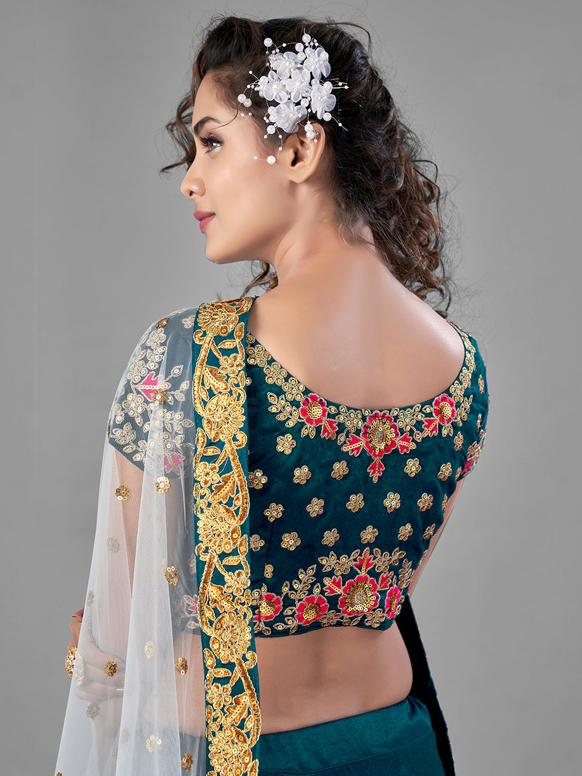 Teal Satin Velvet Semi Stitched Lehenga With Unstitched Blouse