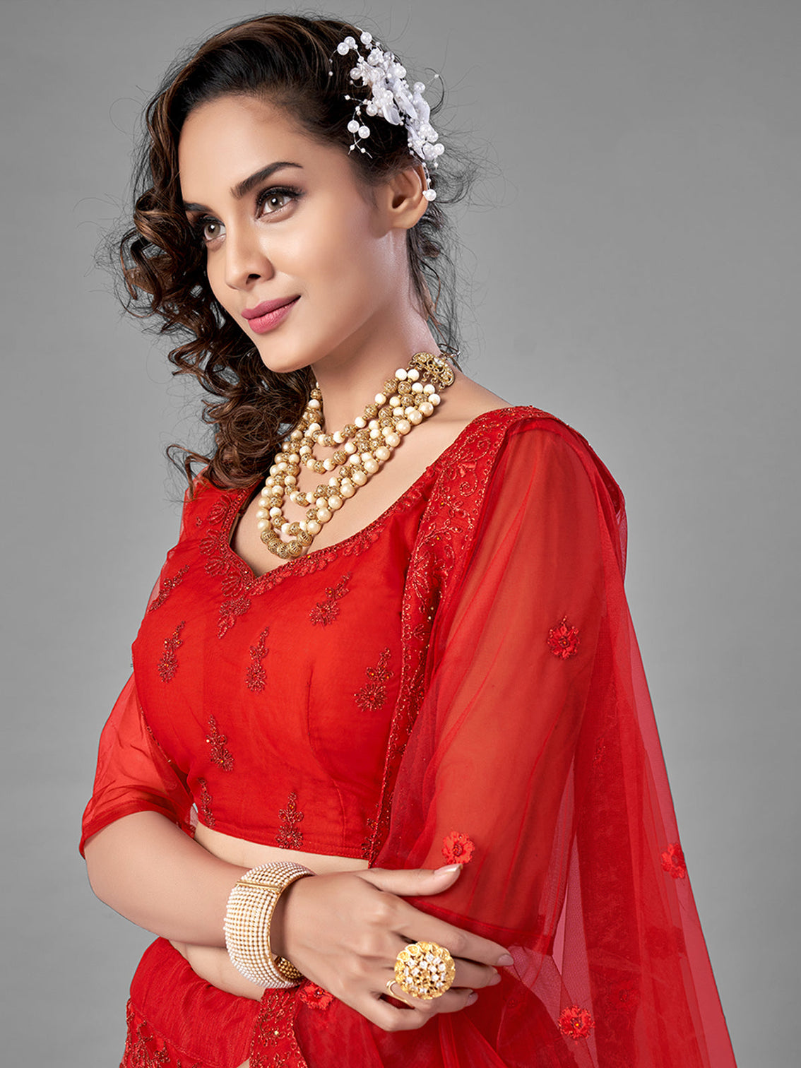 Red Embroidered Soft Net Semi Stitched Lehenga With Unstitched Blouse
