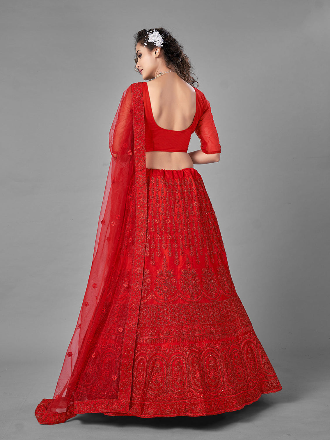 Red Embroidered Soft Net Semi Stitched Lehenga With Unstitched Blouse