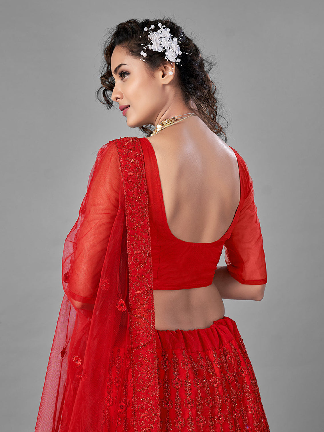 Red Embroidered Soft Net Semi Stitched Lehenga With Unstitched Blouse