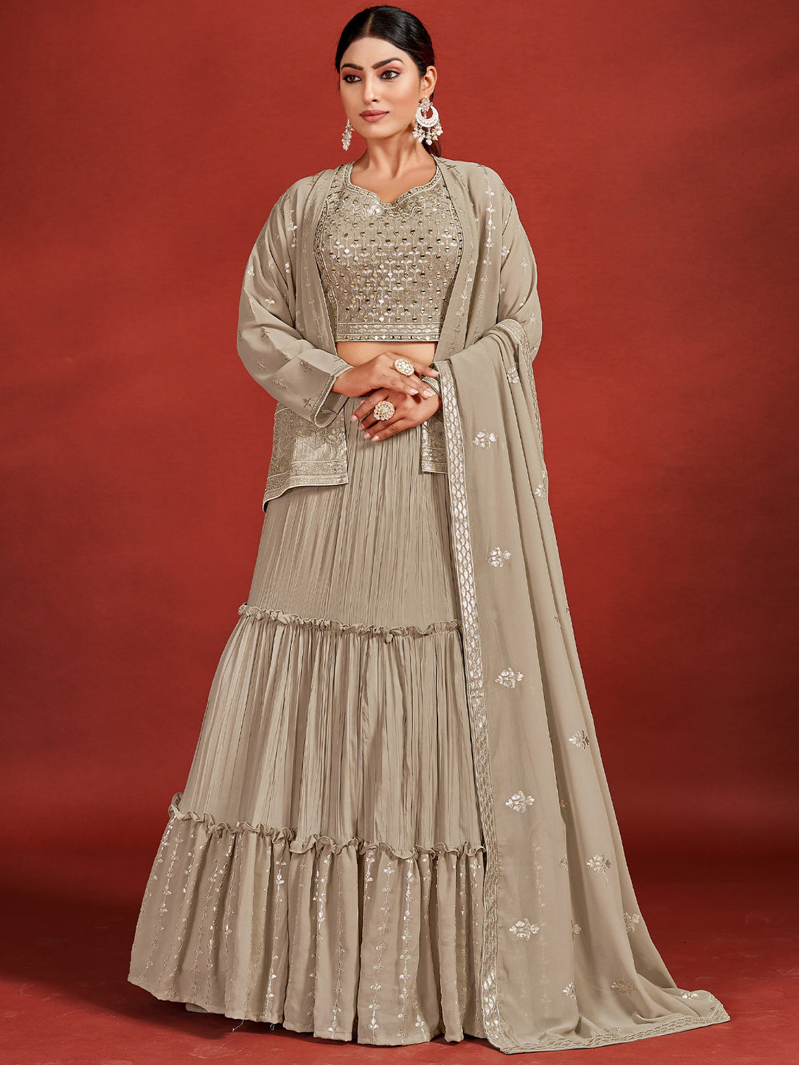 Beautiful Beige Georgette Stitched Lehenga Choli Set