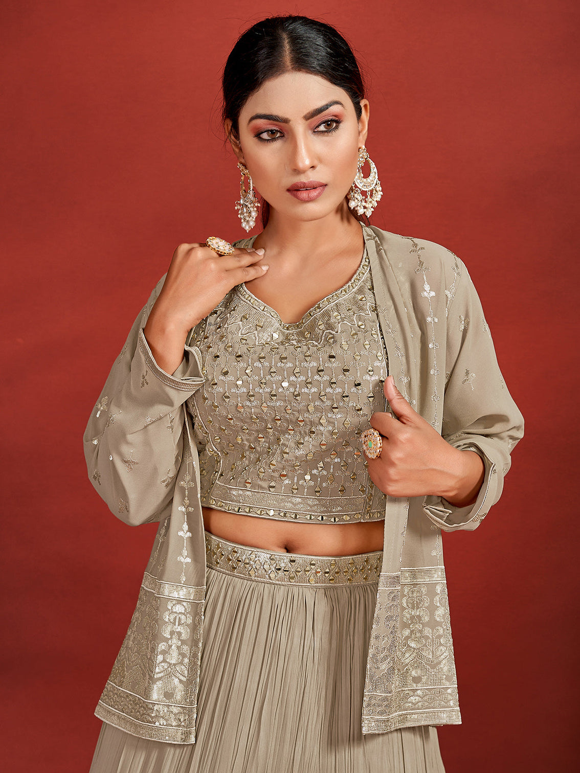 Beautiful Beige Georgette Stitched Lehenga Choli Set