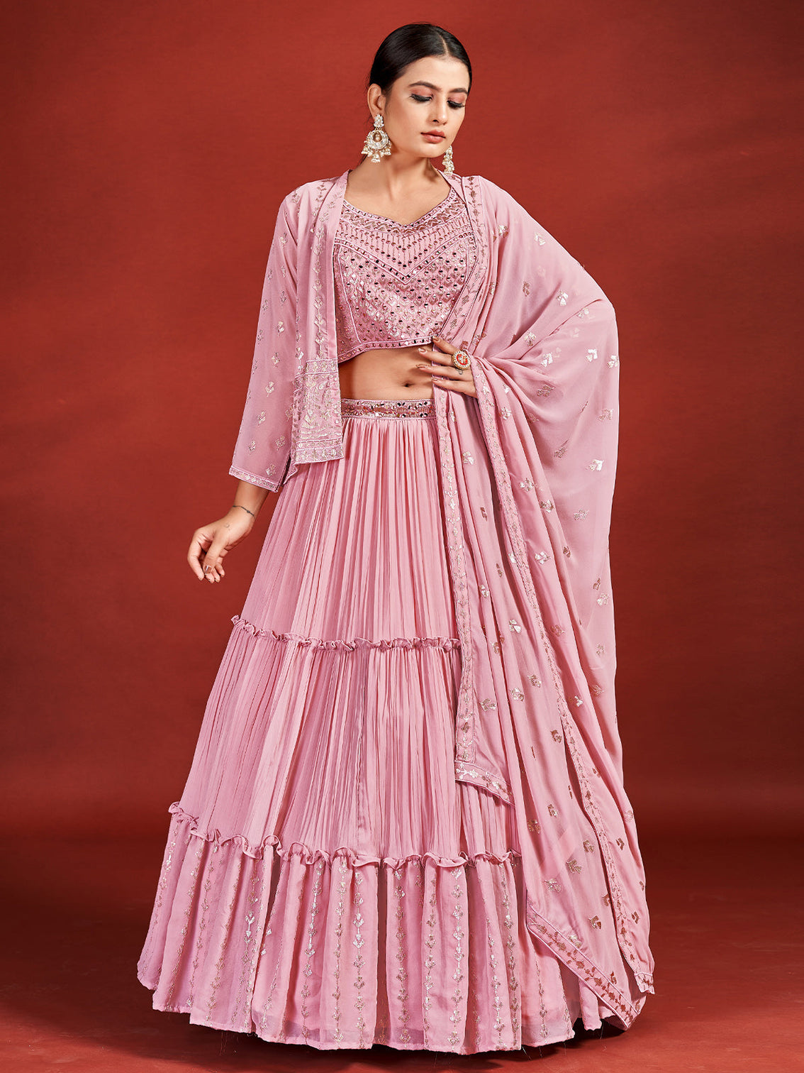Designer Pink Georgette Stitched Lehenga Choli Set