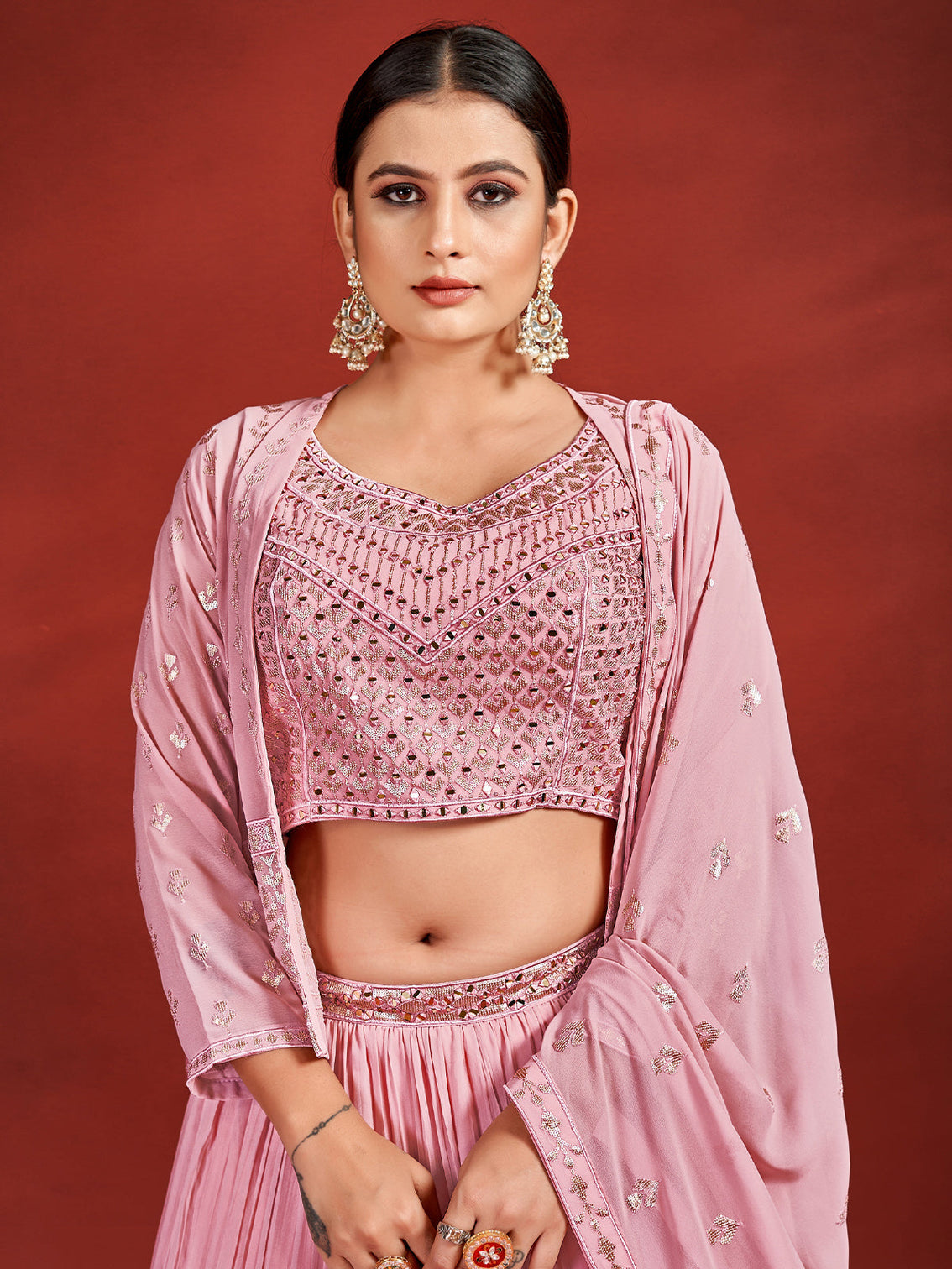 Designer Pink Georgette Stitched Lehenga Choli Set