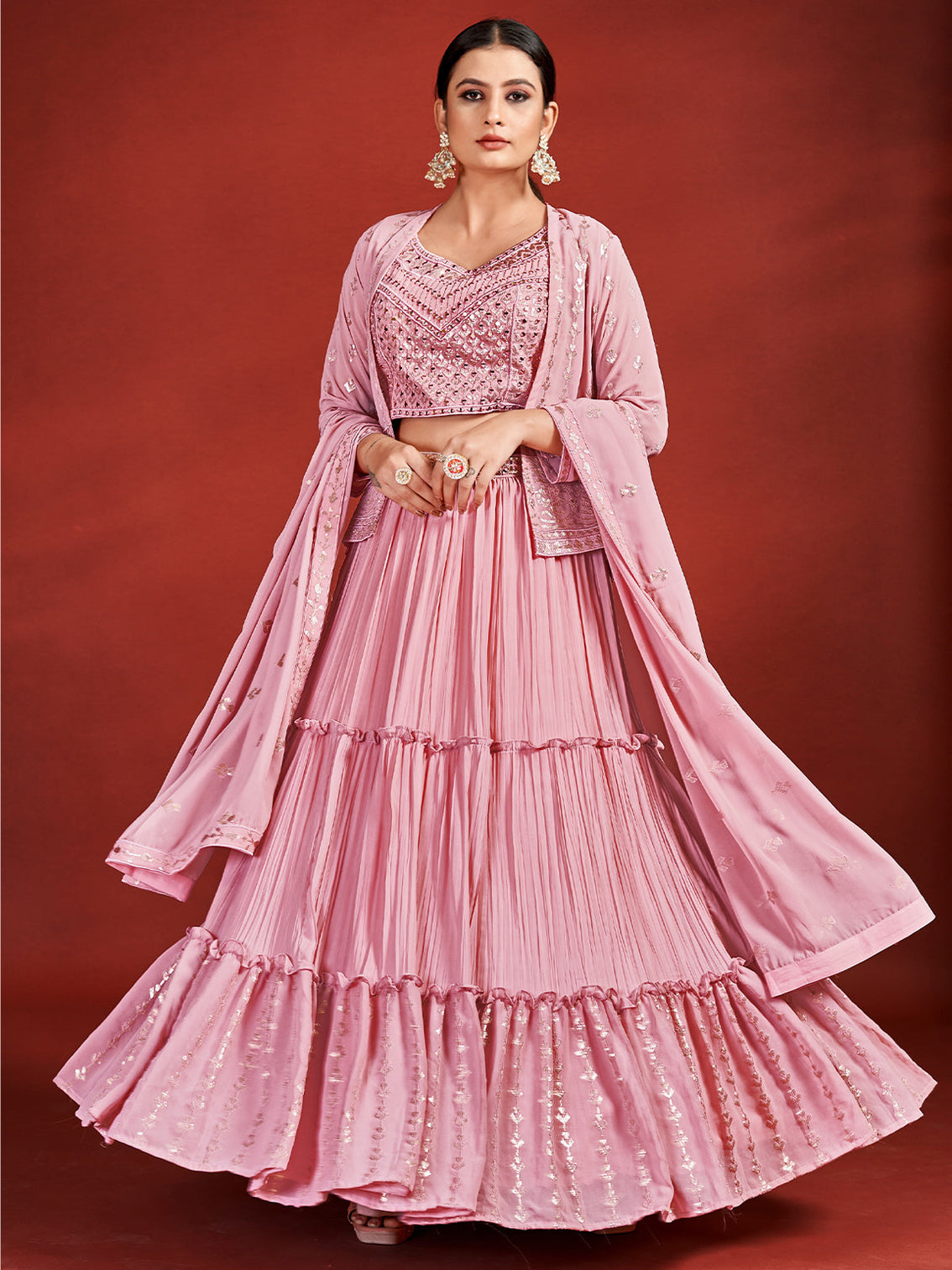 Designer Pink Georgette Stitched Lehenga Choli Set