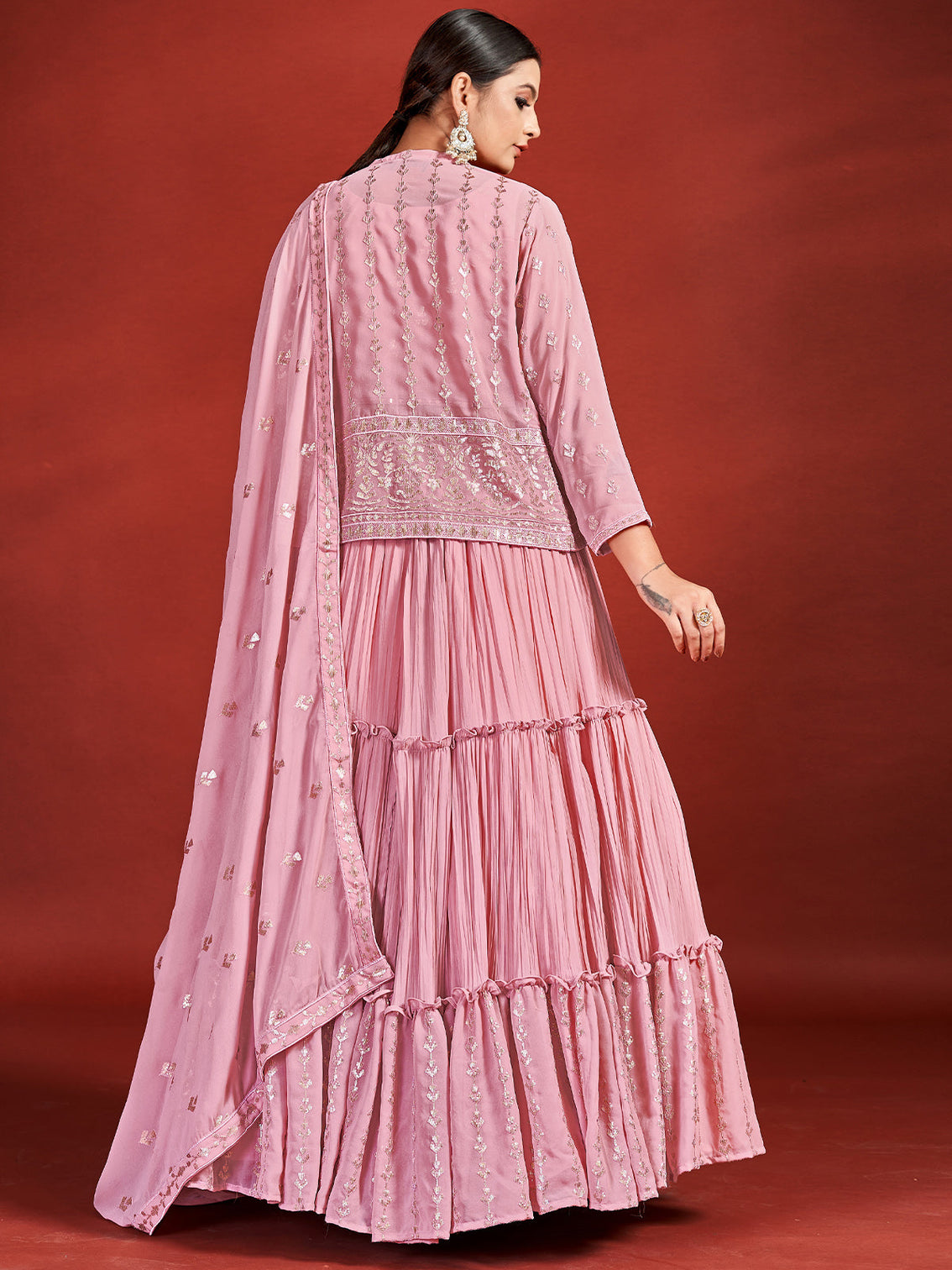 Designer Pink Georgette Stitched Lehenga Choli Set