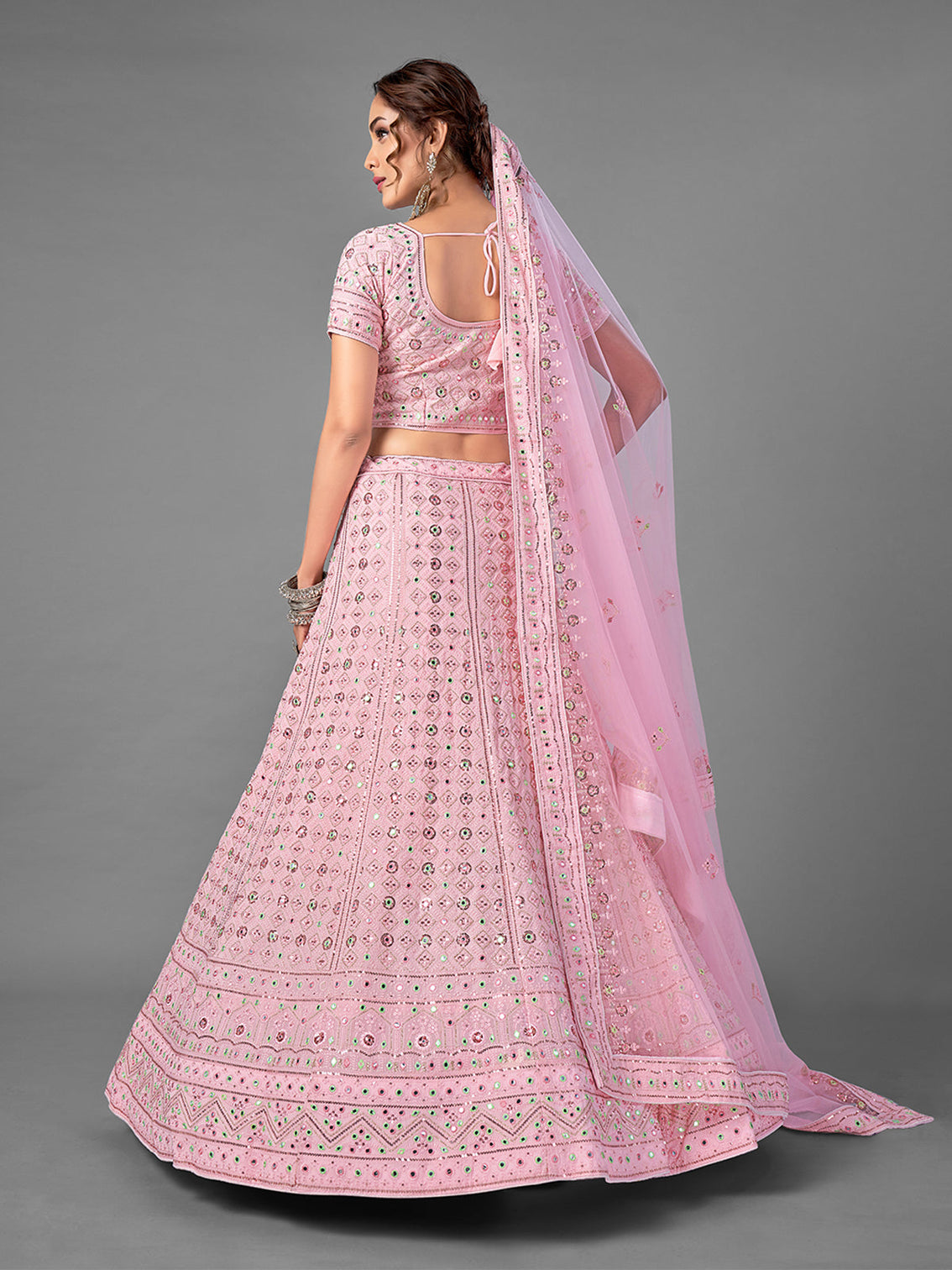 Pink Embroidered Georgette Semi Stitched Lehenga With Unstitched Blouse
