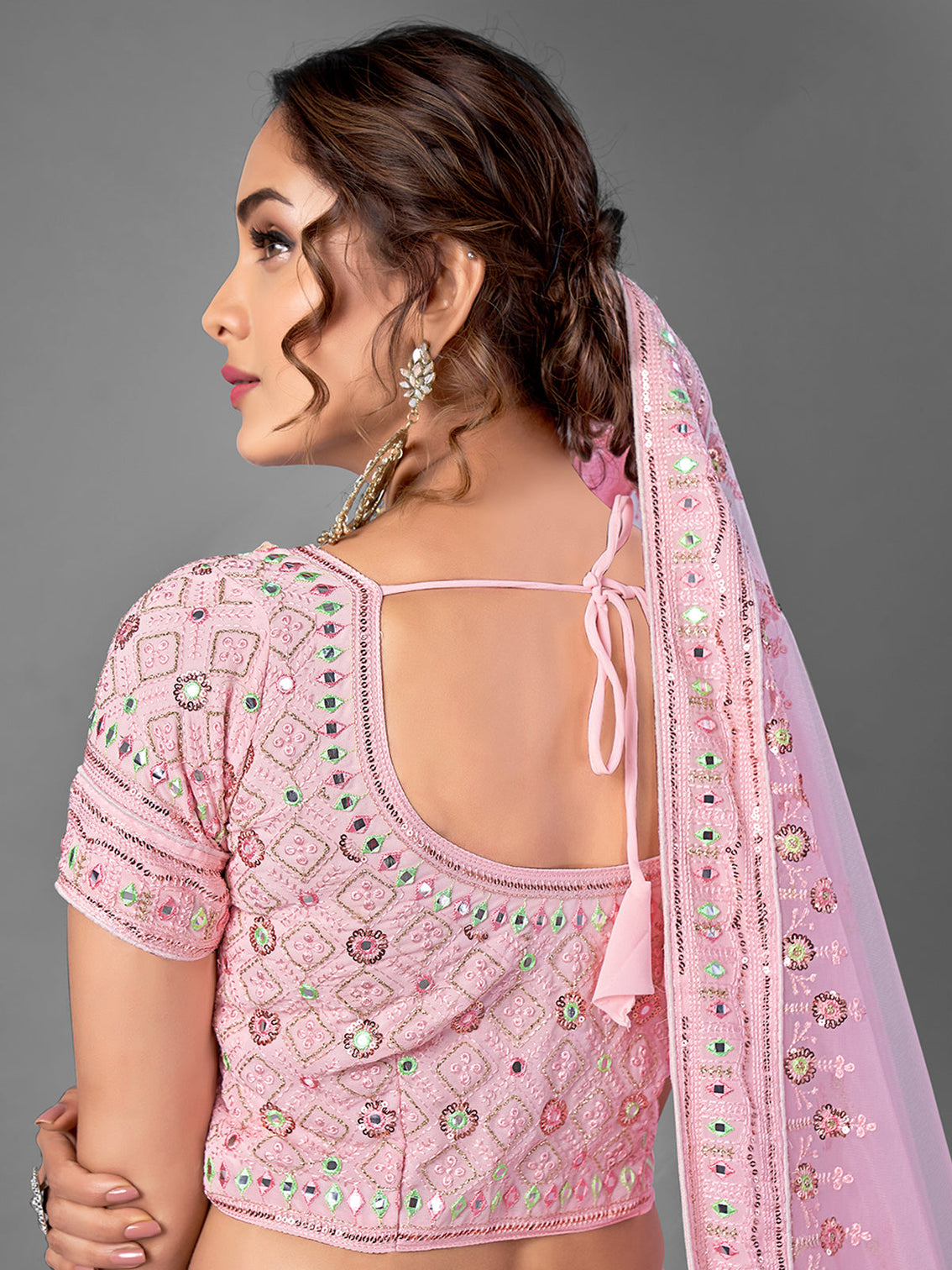 Pink Embroidered Georgette Semi Stitched Lehenga With Unstitched Blouse