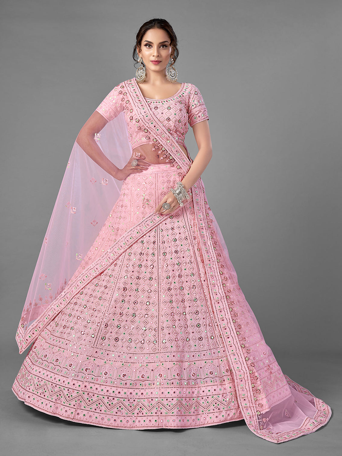 Pink Embroidered Georgette Semi Stitched Lehenga With Unstitched Blouse