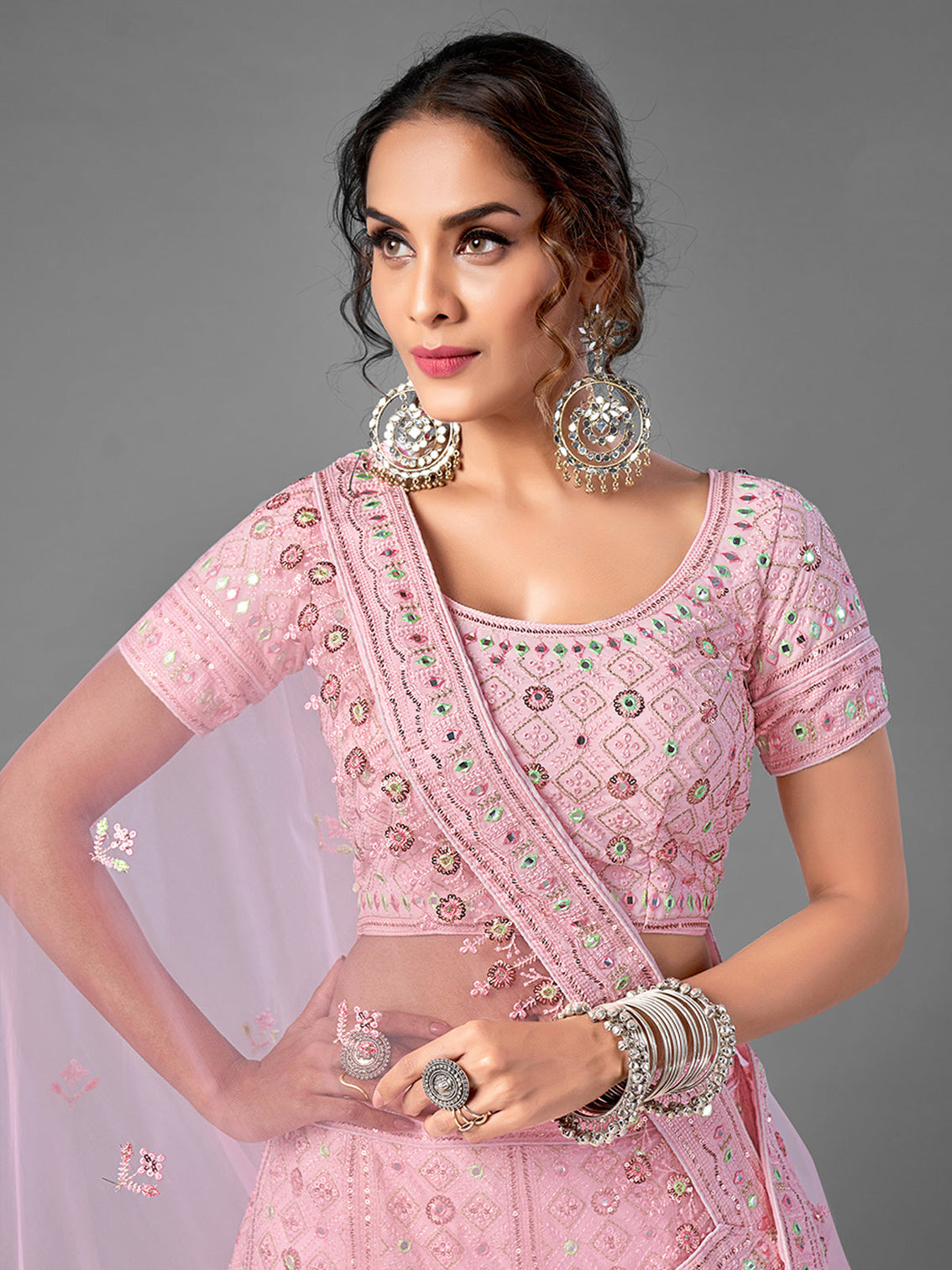 Pink Embroidered Georgette Semi Stitched Lehenga With Unstitched Blouse