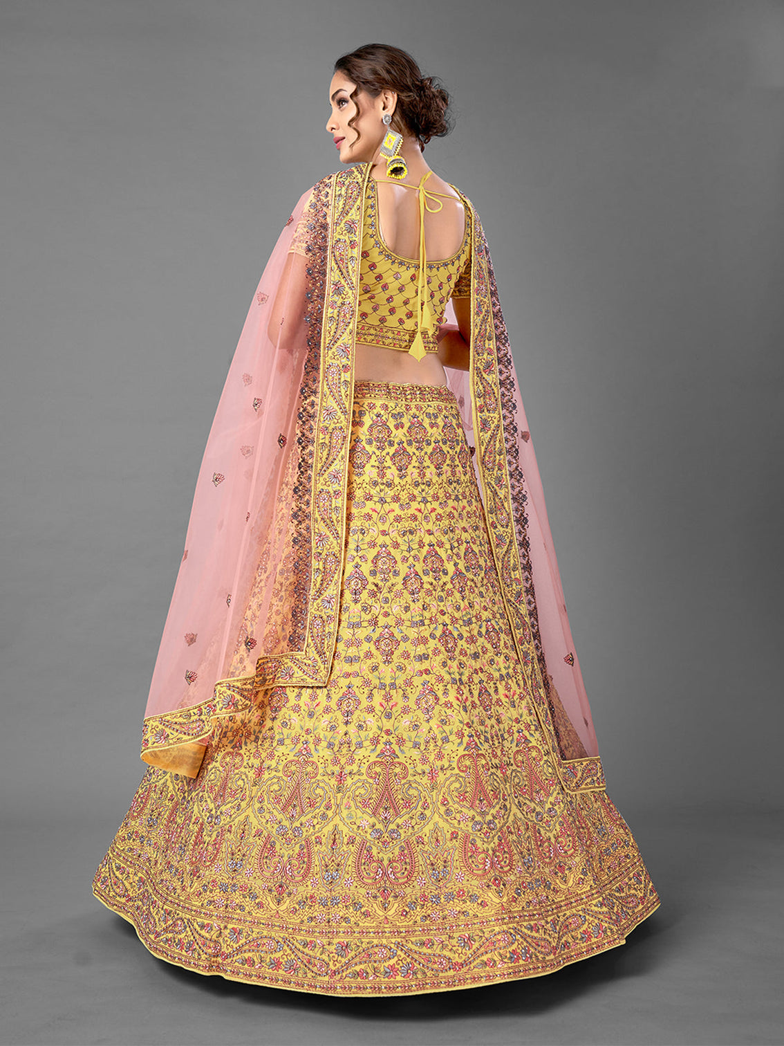 Yellow Thread Work Georgette Semi Stitched Lehenga With Unstitched Blouse