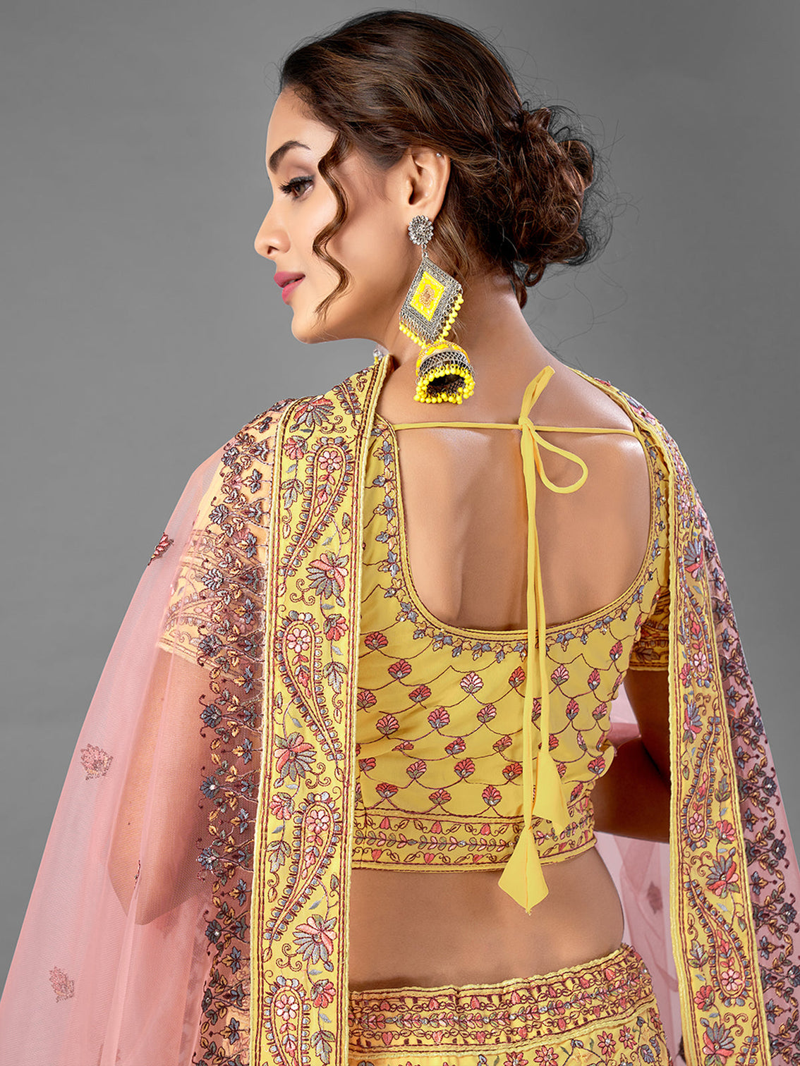 Yellow Thread Work Georgette Semi Stitched Lehenga With Unstitched Blouse