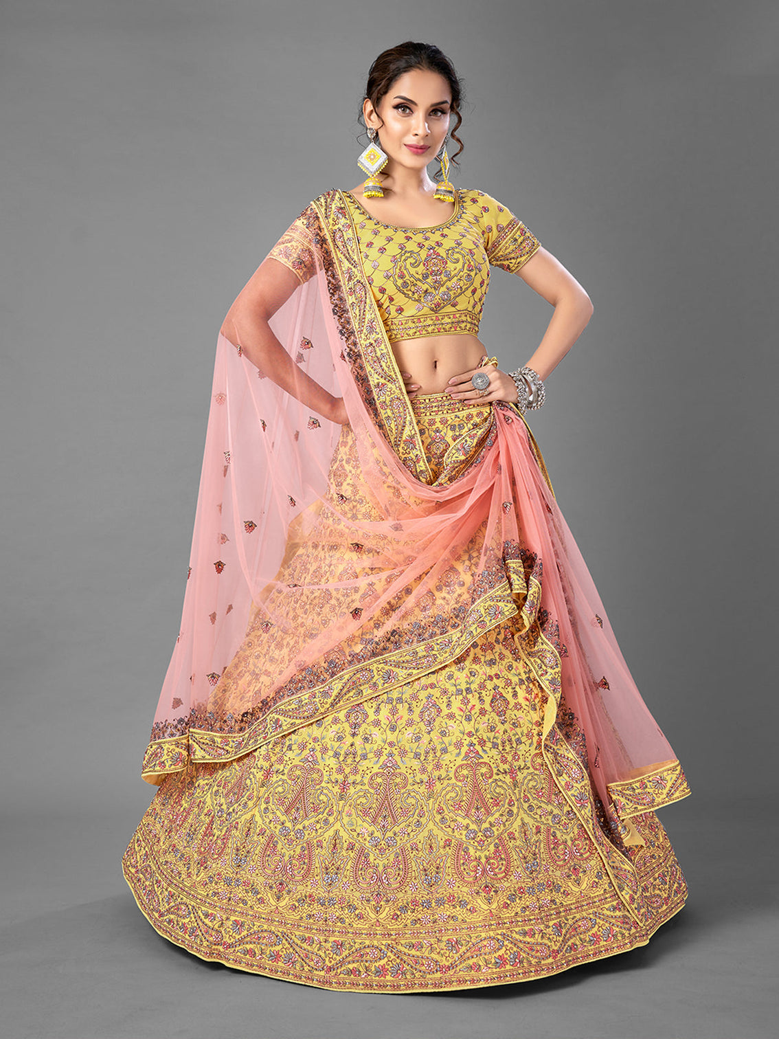 Yellow Thread Work Georgette Semi Stitched Lehenga With Unstitched Blouse